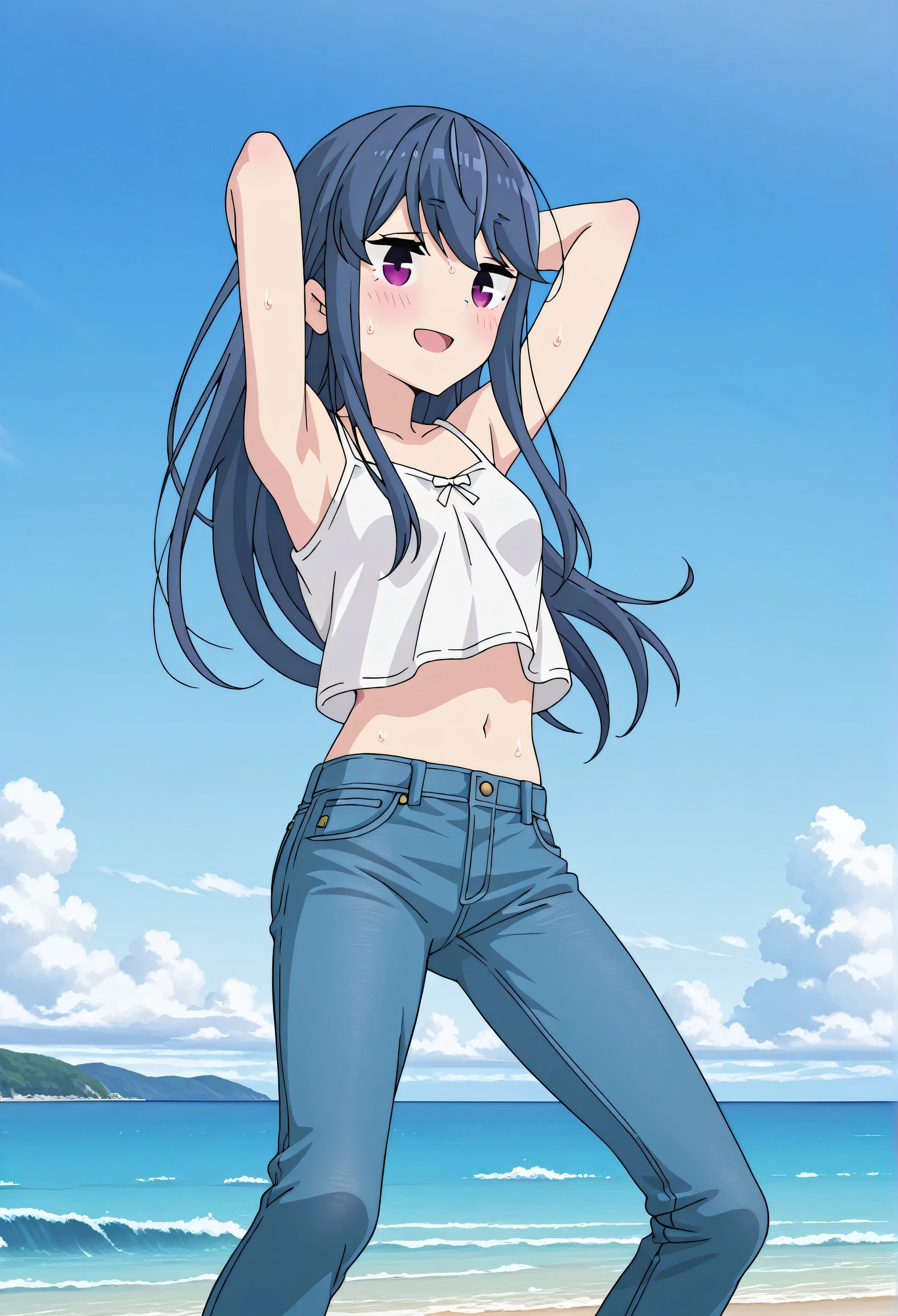 score_9, score_8_up, score_7_up, source_anime, highres, hi res, ((best quality, top quality, perfect quality, Highest Quality, amazing quality)), {{masterpiece}}, {{an extremely delicate and beautiful}}, 2d, intricate details, official style, anime, 8k, anime style, official_anime, official art, digital painting, cell shading, soft shading, high resolution, soothing tones, Subdued Color, Soft cinematic light, adobe lightroom, photolab, HDR, intricately and hyper-detailed, ((high quality animation)), 1 girl, Alone, solo, ((ocean)), tsunami, on the water, day, outdoors, sky, windy, rin shima, blue hair, purple eyes, sidelocks, long hair, small breasts, white camisole top, crop top, white crop top, best quality, hyper-detailed jeans, ((blue jeans:1.9)), (dark blue jeans:0.6), full medium body, medium shot, Open mouth, smiling, happy face, blush, sweat, standing, arms behind head, bowlegged, jumping pose, action, looking at viewer, spread legs, Bend knees slightly, straight-on front view