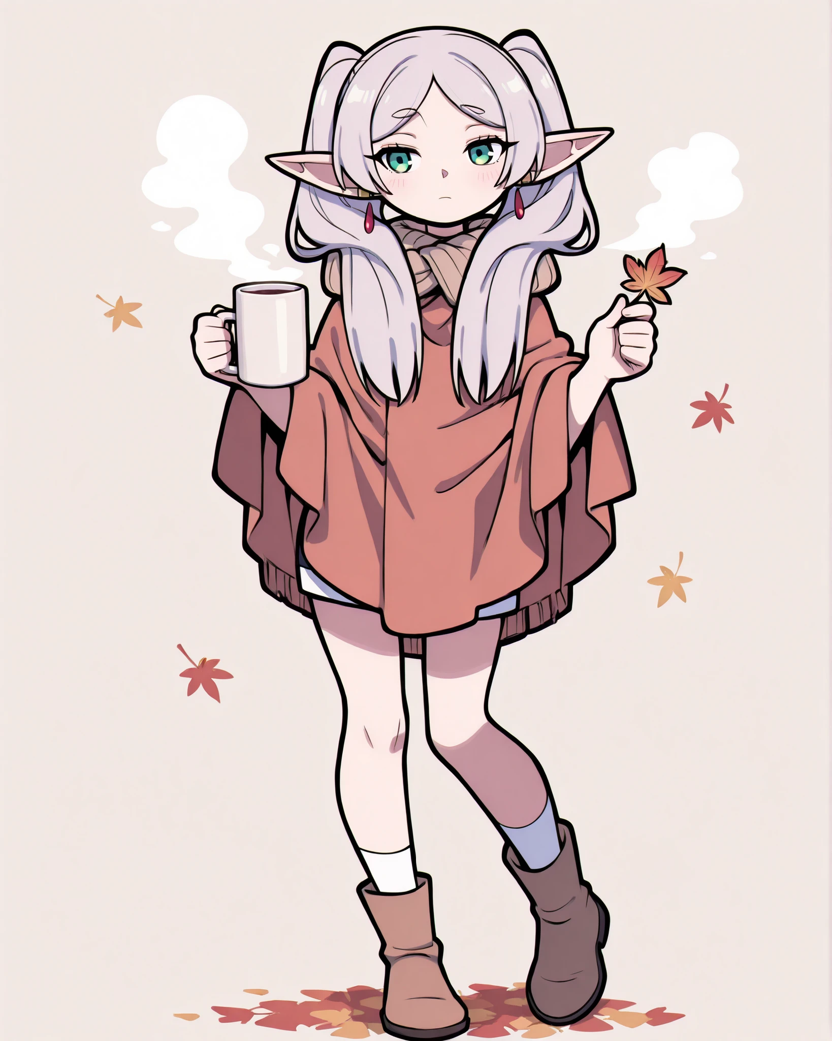 CartoonyIllustrious, shojo anime Frieren, full body, shoulder-length chestnut hair, wearing a warm poncho, holding a steaming mug with one hand, standing with one leg slightly bent, autumn leaves swirling around, serene expression, pastel beige background, bold outlines, cozy autumn atmosphere.
