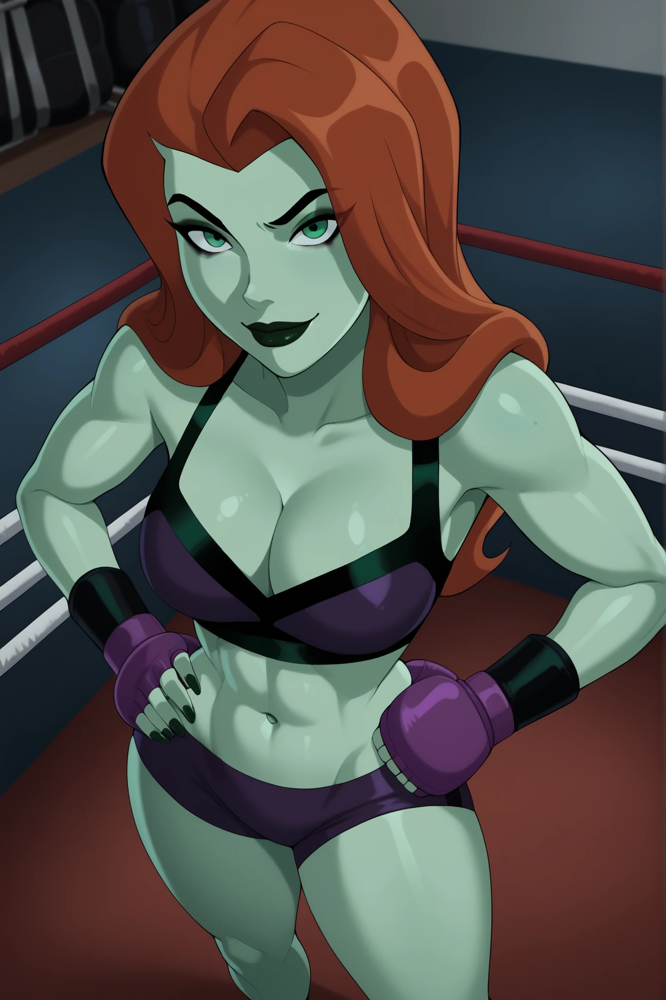 BREAK, score_9_up, score_8_up, score_7_up, score_6_up, poison ivy, 1girl, solo, ginger hair, long hair, black eyebrows, makeup, black lipstick, green skin, looking at viewer, seducing viewer, teasing viewer, best quality, high quality, expression, smile, closed mouth, busty, dark purple top, dark purple workout shorts, dark purple boxing gloves, curvy, athletic, indoors, boxing ring, very , cleavage, standing, high-angle view, midriff, dark green eyeshadow, black mascara, closeup, portrait, upper body, thick thighs, wide , hand on waist