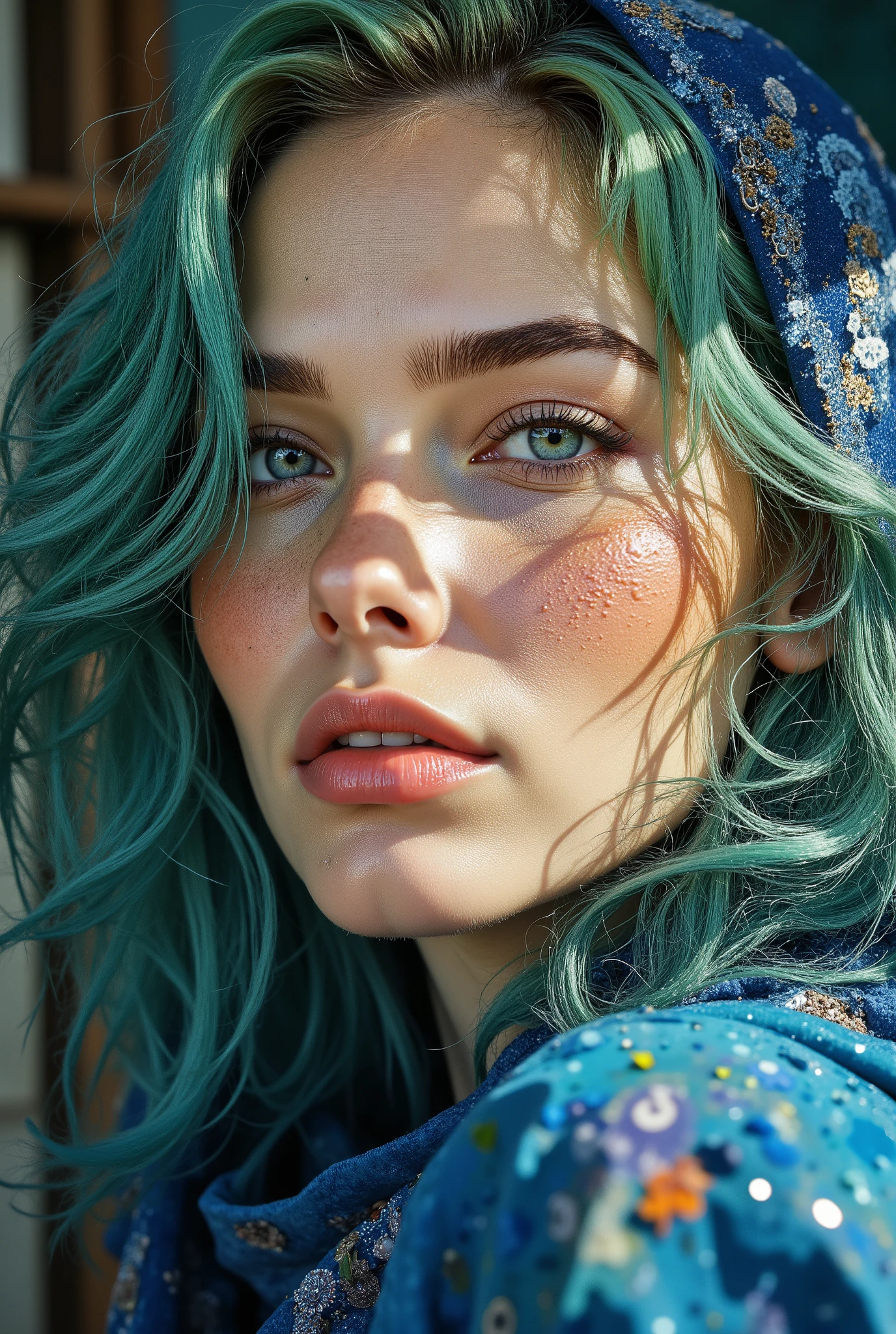 high-quality photography, macro portrait lens at eye level, smooth left turn with barely noticeable illumination, shallow depth of field, 8k realism, ultra-detailed skin texture, cinematic warmth, smoldering calm PG-13, elementary elegance, luminous heat, flowing grace, balanced intensity, molten beauty, surreal fashion, picturesque glamour Adult woman with fair, warm skin, cold gray-blue eyes, and lush acid-colored hair styled in wide voluminous waves that curve outward like ribbons. Her expression is serene and thoughtful, her gaze is directed past the viewer, her head is turned three-quarters. The electric-colored glossy varnish falls on one side of her face in smooth layers, revealing radiant skin; microbeads and thin rivulets flow down to the jawline, reflecting the light. Delicate pink lips and well-defined eyebrows emphasize the beauty of the portrait. She breathes slowly as a gentle current lifts individual strands; tiny droplets float in the air, frozen due to the fast shutter. The sun-drenched studio background dissolves into shades of acidic and deep blue, pigment vapors hover in the air; a gentle glare glides along the edges of the hair, and a subtle glare highlights the contours of the varnish.