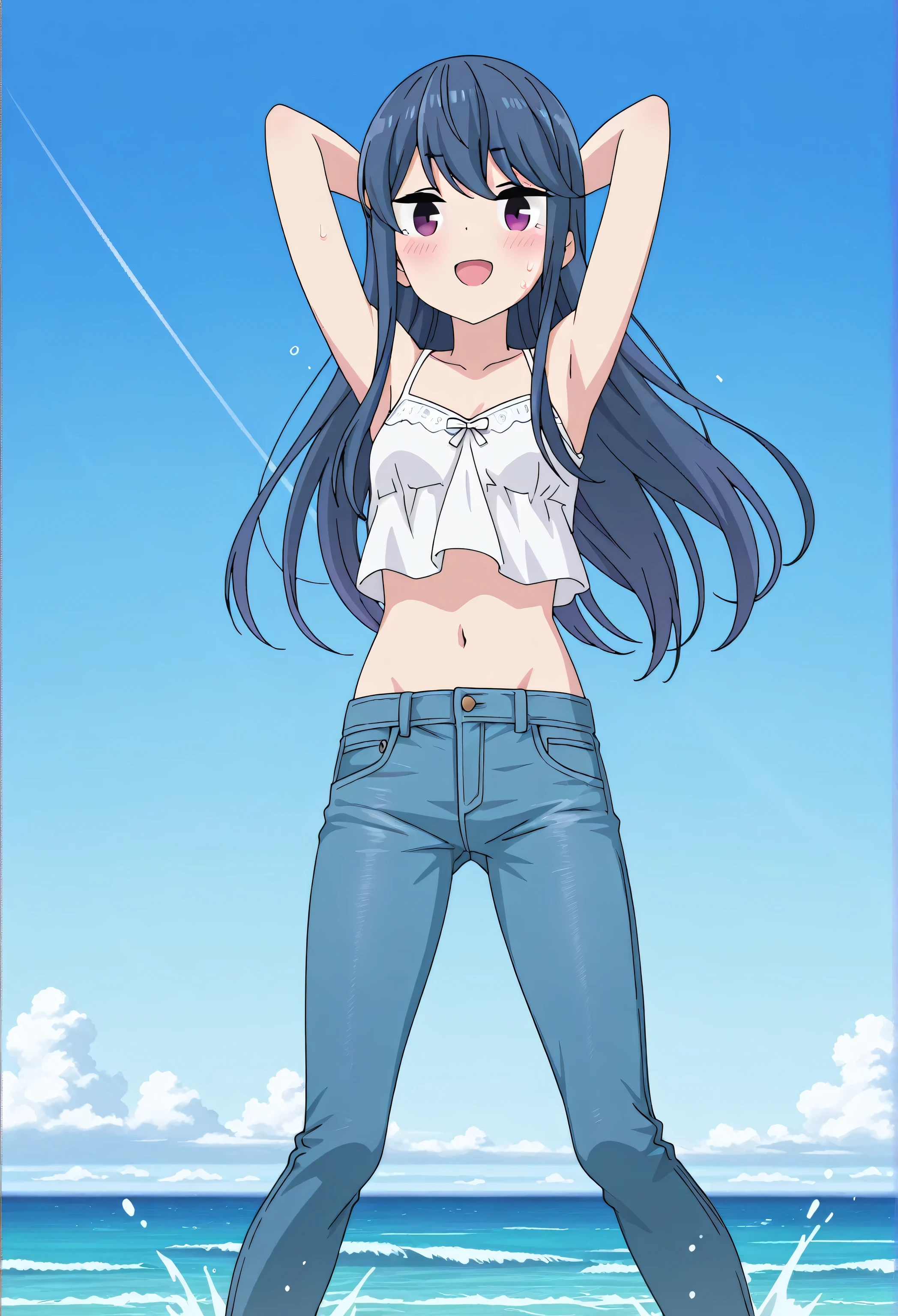 score_9, score_8_up, score_7_up, source_anime, highres, hi res, best quality, top quality, masterpiece, 2d, intricate details, official style, anime, 4k, anime style, 1 girl, Alone, solo, ((ocean)), tsunami, on the water, day, outdoors, sky, windy, rin shima, blue hair, purple eyes, sidelocks, long hair, small breasts, white camisole top, crop top, white crop top, best quality, ((blue jeans:1.9)), (dark blue jeans:0.6), full medium body, medium shot, Open mouth, smiling, happy face, blush, sweat, standing, arms behind head, bowlegged, jumping pose, action, looking at viewer, spread legs, Bend knees slightly, straight-on front view