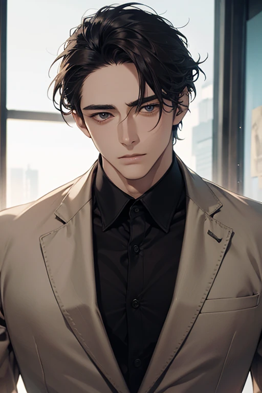 (best quality, masterpiece, 8K, photorealistic, cinematic lighting, 1:4 hdr image, top view, ultra detailed, beautiful image), a mature man, very handsome, short black hair, black eyes, perfect face without errors , ((buttoning his jacket, CEO)), smile in love.