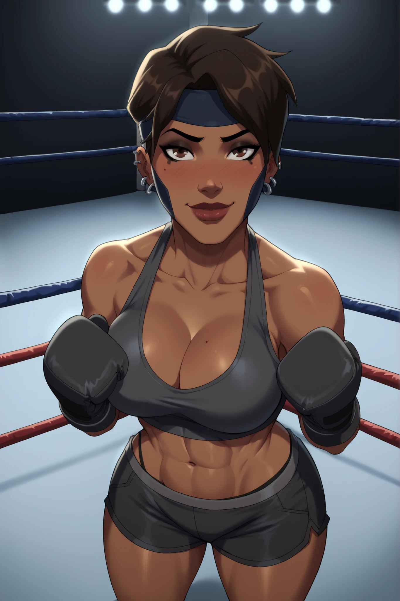 BREAK, score_6_up, score_9, score_8_up, score_7_up, high quality, masterpiece, Rocket, 1girl, solo, 2d, dark-skinned female, short hair, brown eyes, headband, piercing, earring, mask, lipstick, makeup, very , cleavage, curvy, athletic, looking at viewer, seducing viewer, teasing viewer, smile, closed mouth, expression, bedroom eyes, busty, gray top, gray workout shorts, gray boxing gloves, shoulders, standing, boxing ring, indoors, high-angle view blushing, black eyeshadow, black mascara, closeup, portrait, upper body, thick thighs, wide