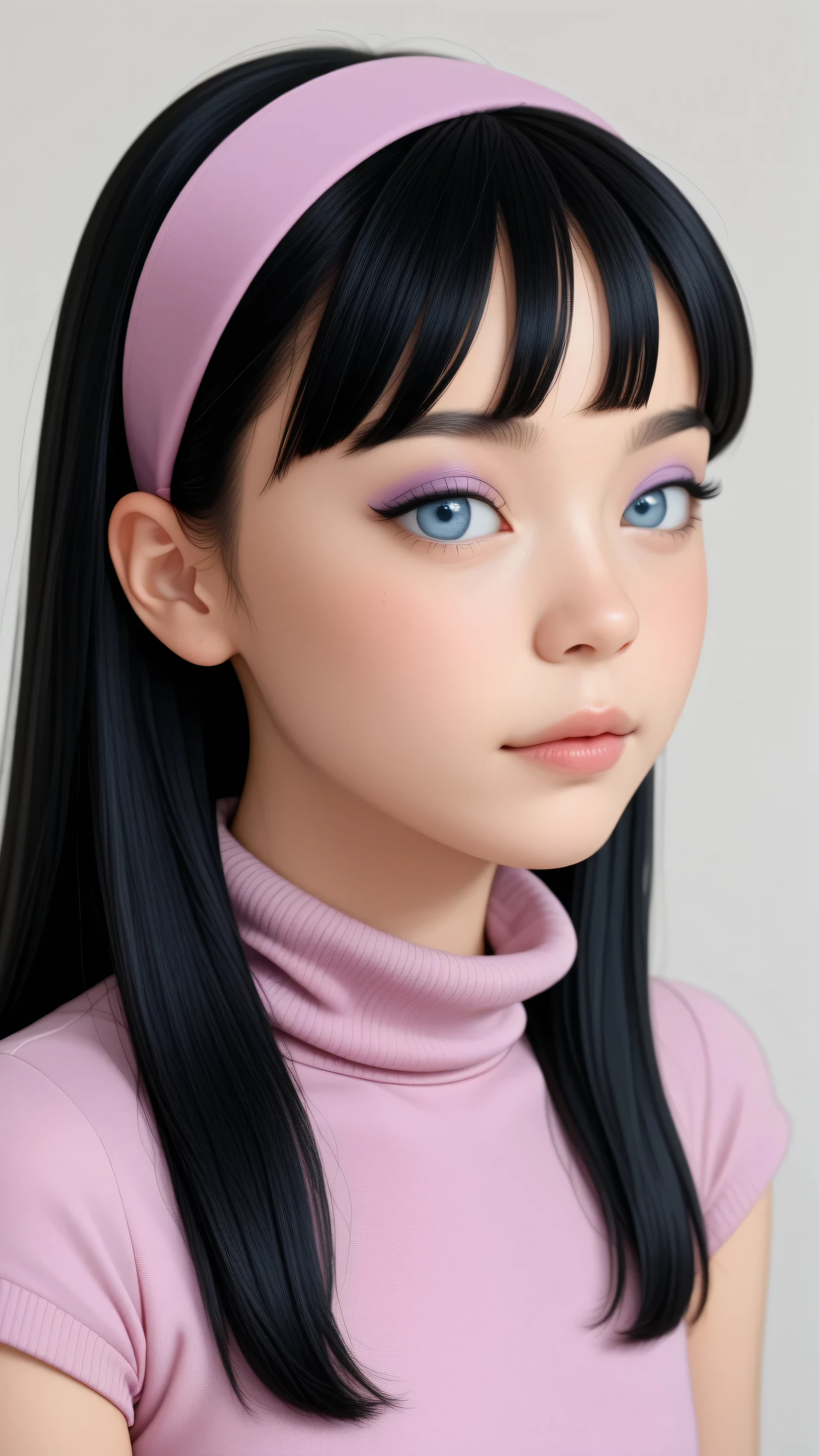 1girl, Solo, High Resolution, Accurate, Best Quality, High Details, High Quality, Black Hair, Bangs, Long Hair, pink headband, blue eyes, pink turtleneck sweater with short sleeves, eyeshadow, portrait, preteen