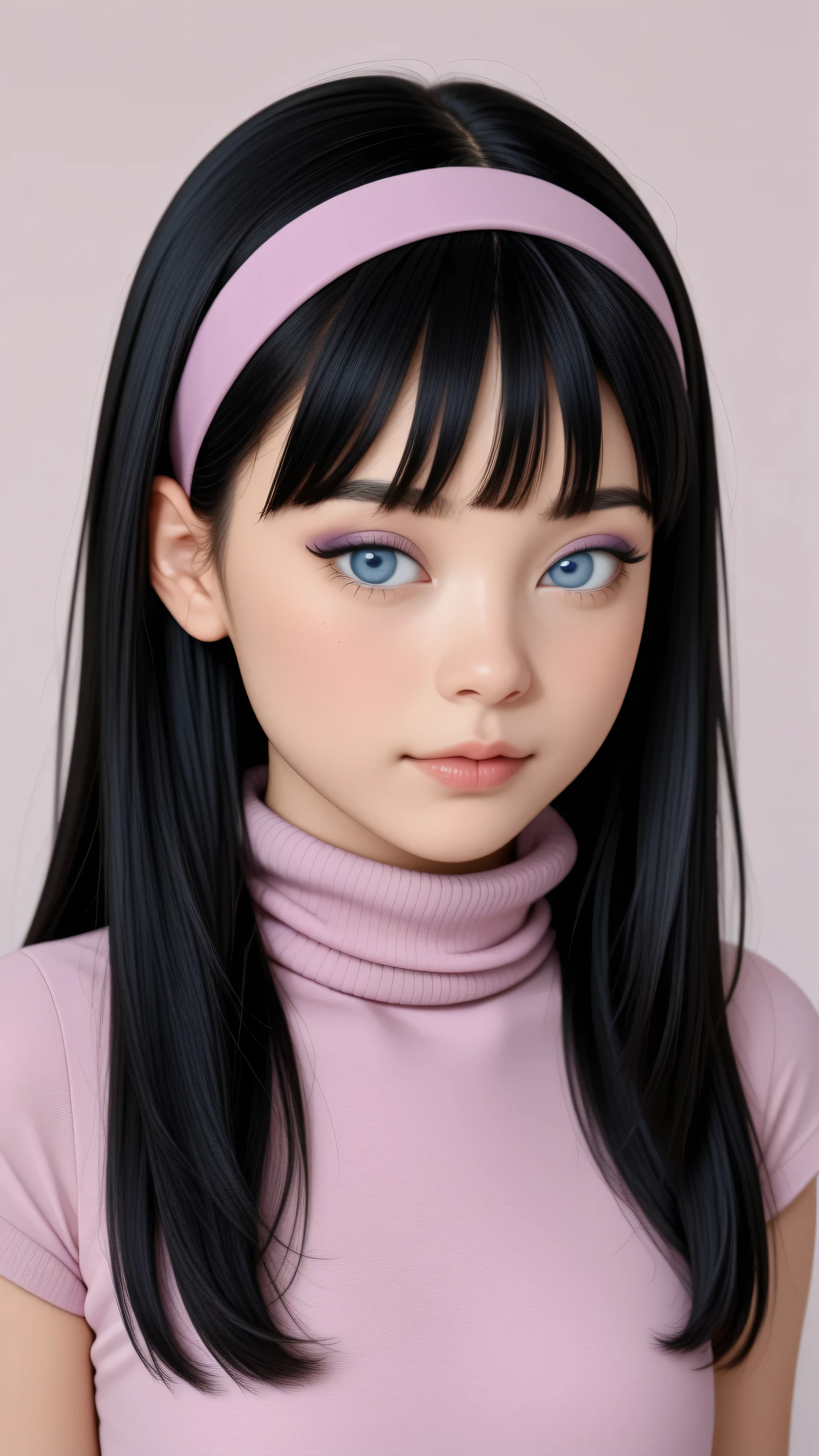 1girl, Solo, High Resolution, Accurate, Best Quality, High Details, High Quality, Black Hair, Bangs, Long Hair, pink headband, blue eyes, pink turtleneck sweater with short sleeves, eyeshadow, portrait, preteen