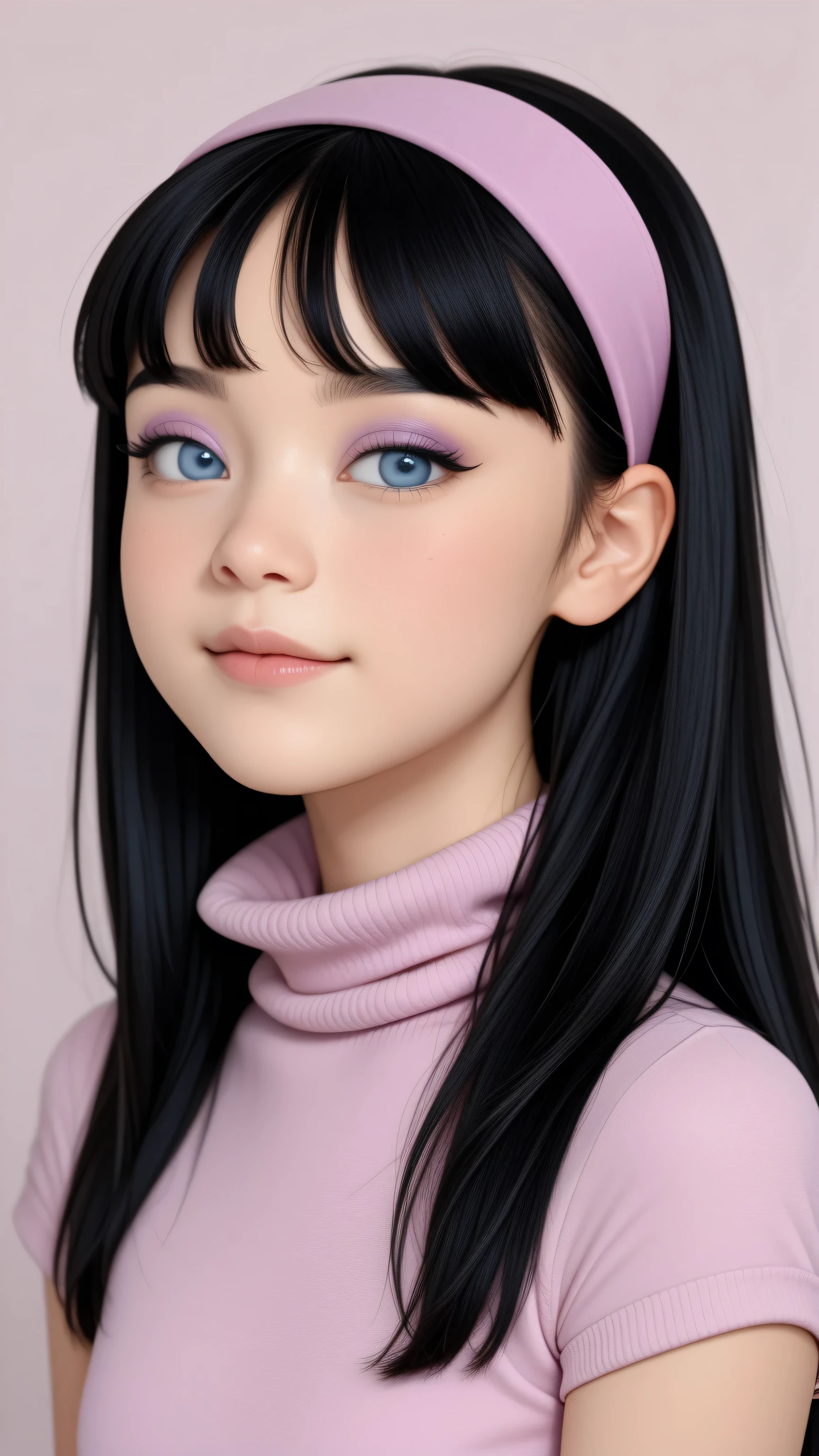 1girl, Solo, High Resolution, Accurate, Best Quality, High Details, High Quality, Black Hair, Bangs, Long Hair, pink headband, blue eyes, pink turtleneck sweater with short sleeves, eyeshadow, portrait, preteen