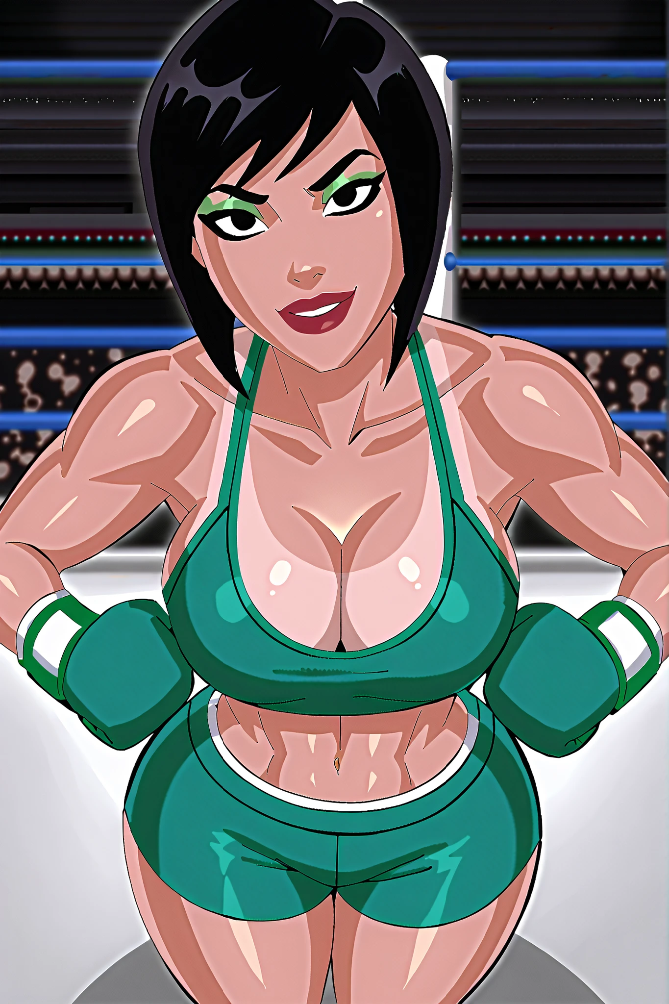 solo, 1girl, looking at viewer, seducing viewer, teasing viewer, bob cut, black hair, black eyes, tan skin, very large breasts, cleavage, BREAK, score_8_up, score_7_up, score_9, score_6_up, high quality, best quality, face focus, lipstick, makeup, seductive expression, bedroom eyes, smiling, closed mouth, busty, dark green bikini top, dark green workout shorts, dark green boxing gloves, indoors, standing, boxing ring, high-angle view, green eyeshadow, black mascara, closeup, portrait, upper body, thick thighs, wide hips