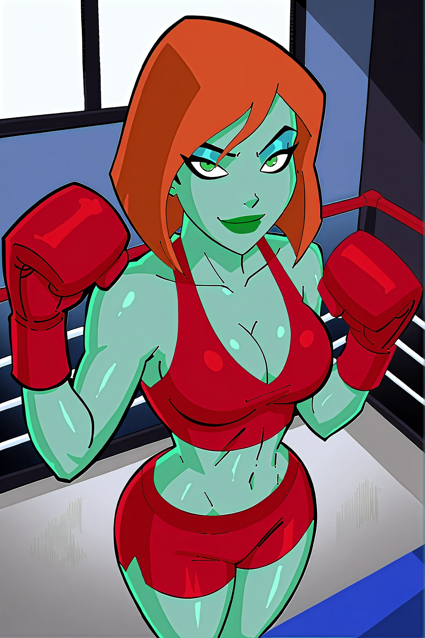 BREAK, score_6_up, score_7_up, score_8_up, score_9, 1girl, solo, green skin, green eyes, orange hair, green lipstick, makeup, Megan, superhero, very , busty, cleavage, curvy, athletic, looking at viewer, seducing viewer, teasing viewer, expression, smiling, closed mouth, bedroom eyes, crimson red top, crimson red workout shorts, crimson red boxing gloves, indoors, boxing ring, standing, closeup, portrait, upper body, high-angle view, dark blue eyeshadow, black mascara, thick thighs, wide
