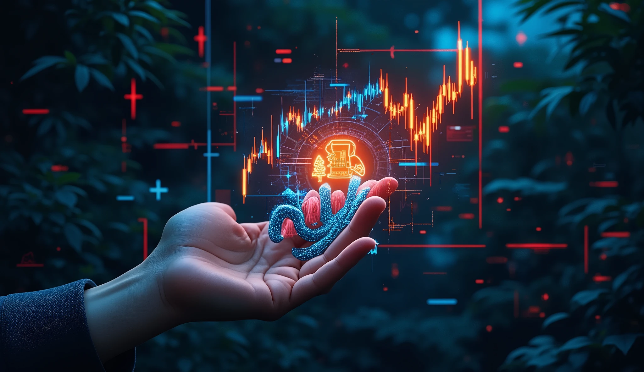 "a realistic and detailed hand, descending towards 3D digital financial charts, with blue and red neon lights reflecting on the fingers. The setting is futuristic and immersive, highlighting candle graphics, barras, indicators and holograms floating in the air. The dark background creates dramatic contrast, highlighting the perfection of the details. impactful elements such as bright rising trend lines, luminous arrows and digital currency icons complete the scene, transmitindo poder, strategy and dominance over the financial market. ultra realistic style, with high-contrast lighting and a sense of high contrast state of the art technology."