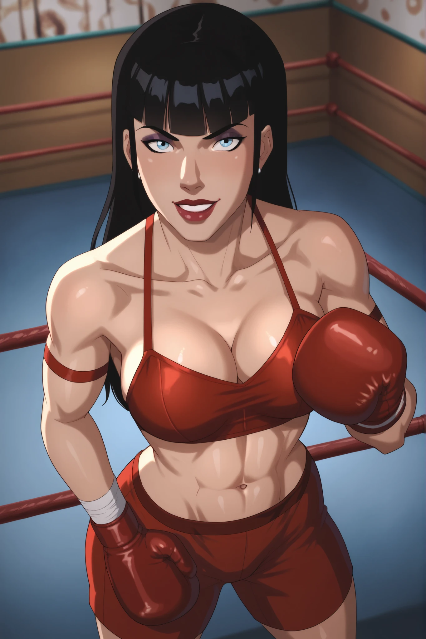 BREAK, score_8_up, score_7_up, score_6_up, score_9, zatannadark, 1girl, solo, black hair, long hair, very , blue eyes, cleavage, blunt bangs, curvy, athletic, lipstick, makeup, looking at viewer, seducing viewer, teasing viewer, smiling, closed mouth,  expression, bedroom eyes, busty, scarlet red  top, scarlet red workout shorts, scarlet red boxing gloves, standing, boxing ring, indoors, high-angle view, dark purple eyeshadow, black mascara, closeup, portrait, upper body, thick thighs, wide , midriff,  shoulders 