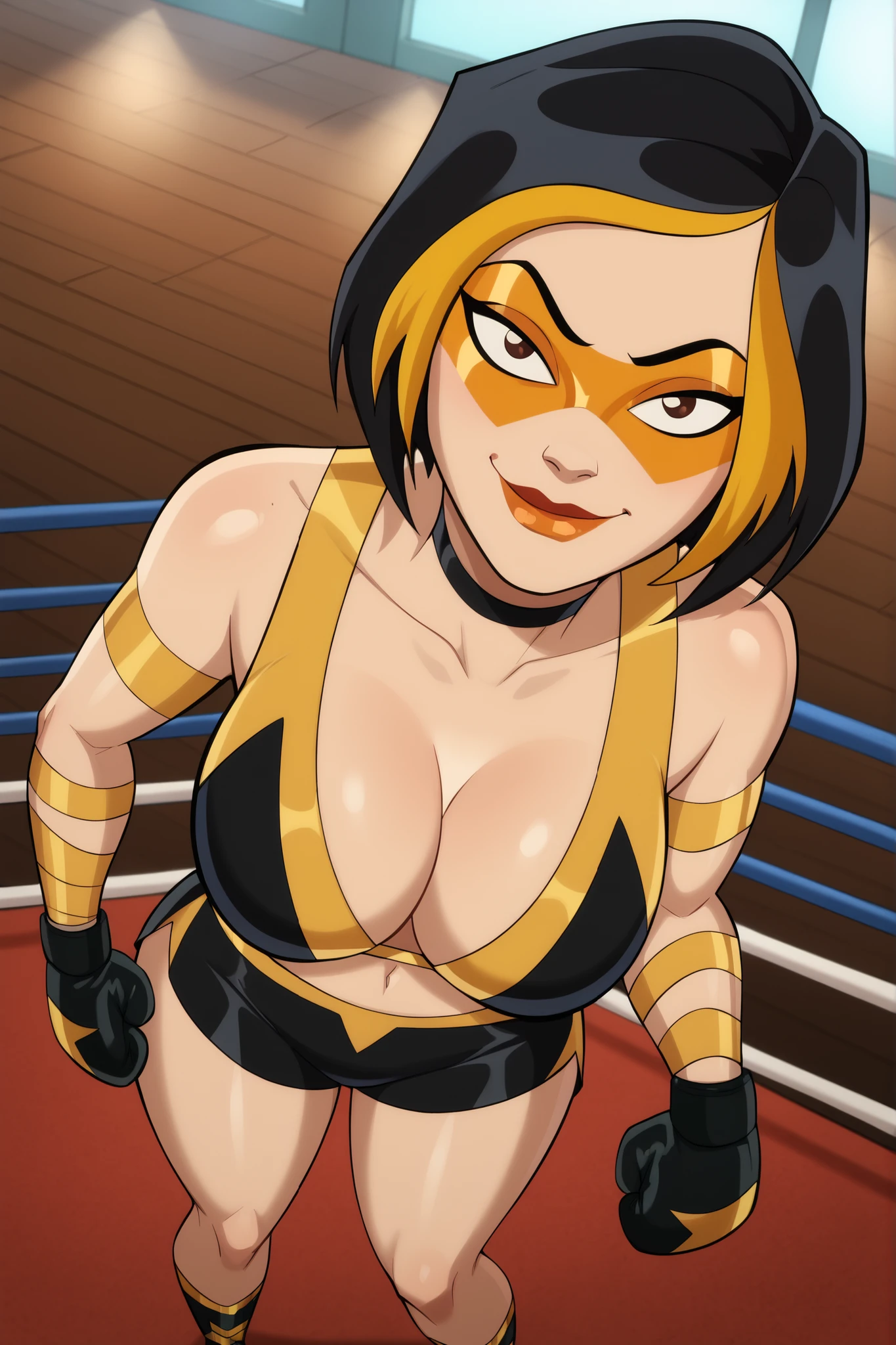 score_9, score_8_up, score_7_up, score_6_up BREAK, g0g1-dh, smiling, closed mouth, 1girl, solo, short hair, black hair, gold hair, multicolored hair, choker, domino mask, makeup, lipstick, looking at viewer, seducing viewer, teasing viewer, very large breasts, cleavage, curvy, athletic, seductive expression, bedroom eyes, busty, black bikini top, black workout shorts, black boxing gloves, indoors, boxing ring, standing, bare shoulders, high-angle view, gold eyeshadow, black mascara, closeup, portrait, upper body, thick thighs, wide hips