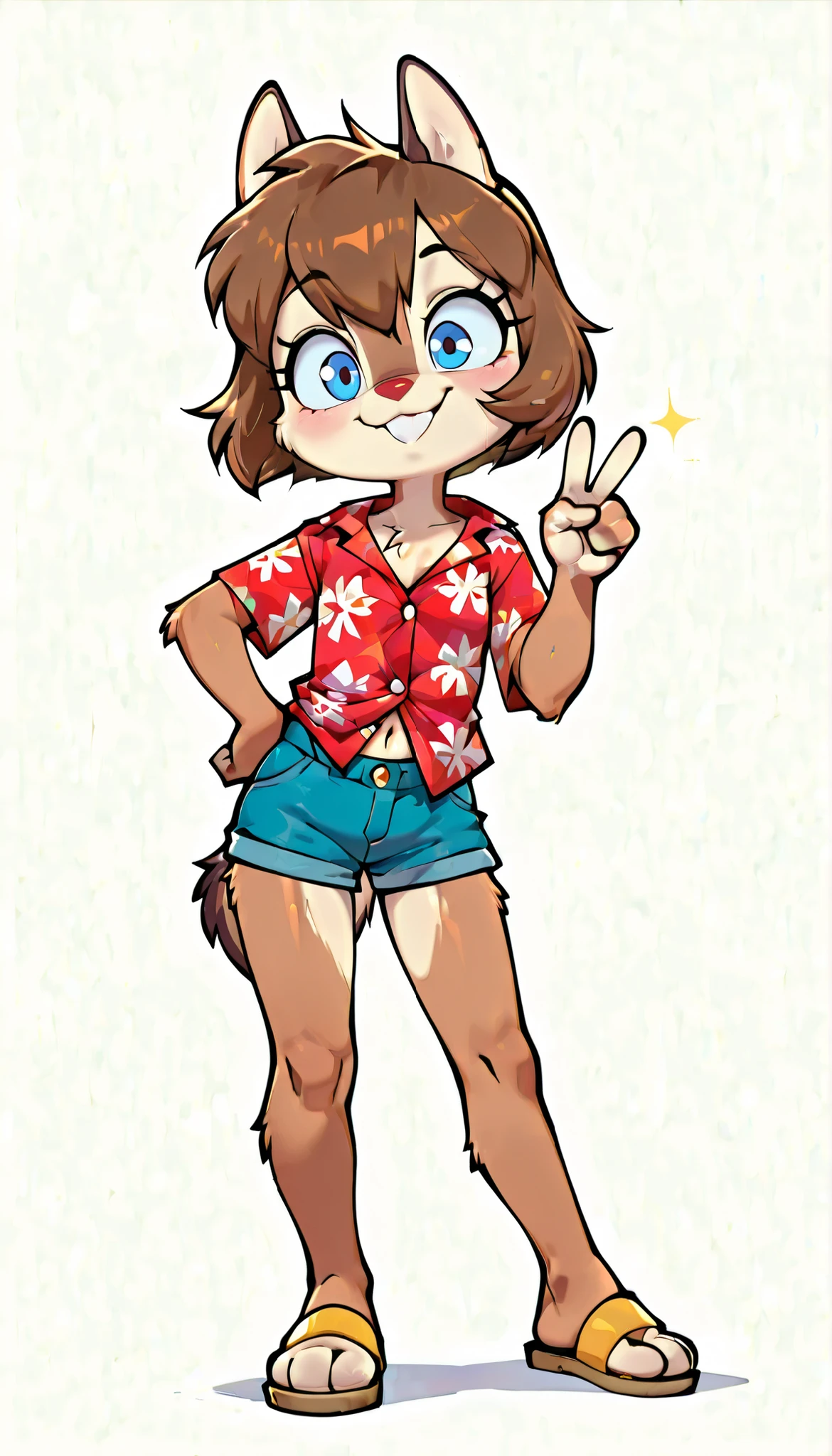 score_9, score_8_up, score_7_up, score_6_up,, hi_res, furry_source, absurdres, masterpiece, best quality, amazing quality, Chip'n Dale Rescue Rangers, 1girl, solo, alone, Femdale, furry, anthro, chipmunk girl, brown fur, blue eyes, chipmunk tail, red nose, brown hair, short hair, bangs, short body, short stature, ((red hawaiian shirt, claveage, single button fastened, denim shorts, sandals)), small breasts, navel, (very skinny:1.0), (Small, Short:1.1), (young cub:1.2), full body, feets with three toes, spread buckteeth fangs, white background, simple background, cute pose, one hand own hip, v, peace sign with one hand, looking at front, front view,