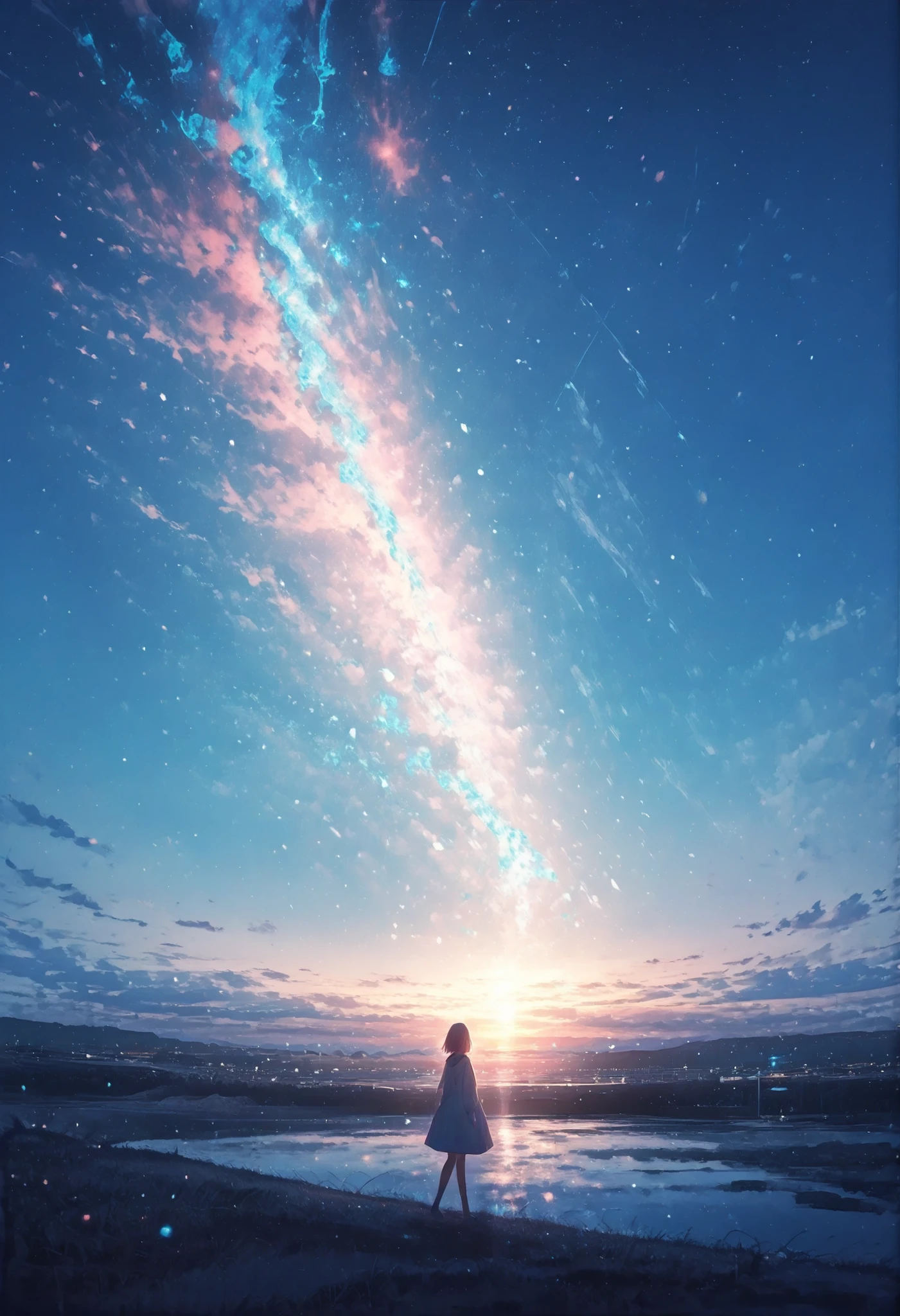 a woman is walking on bridge. ultra wide shot, morning lake,  She is watching a sunlight, tiny light under  Blue sly ,at dawn, sunrise in the early morning . Serene and ethenal atmosphere. thick outline, rough stroke, glowing geometric shapes,holographic particles,cyber-fantasy atmosphere, soft color, vibrant, casting pastel reflections, innocence, digital wonder ,futuristic fantasy,,,
