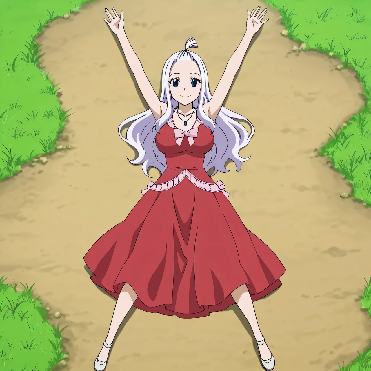 mirajane strauss, long hair, blue eyes, white hair, forehead, mature female, breasts, anime screencap, dress, bare shoulders, jewelry, necklace, red dress, ribbon, pink ribbon, anime screencap, best quality, solo, lying, on back, arms up, legs apart, closed mouth, grass, full body, smile, looking at viewer, high quality,