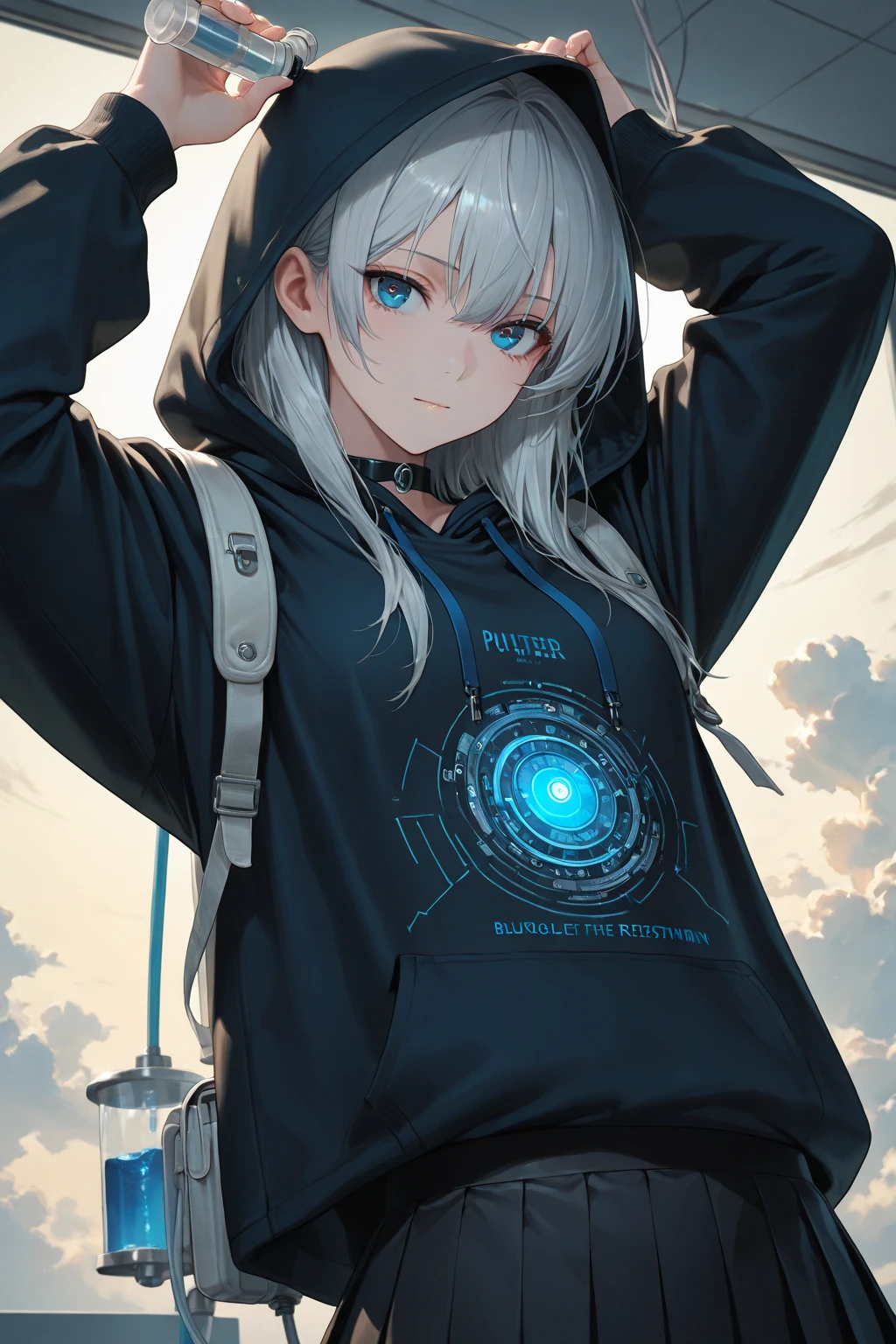 Angelic French doll, stocky, light colored hoodie, in short pants, blue hair ,messy long hair, (anime: 1.2), Wear glasses, asymmetrical bangs, (masterpiece: 1.2), Tengu, fortune teller, to face a headwind