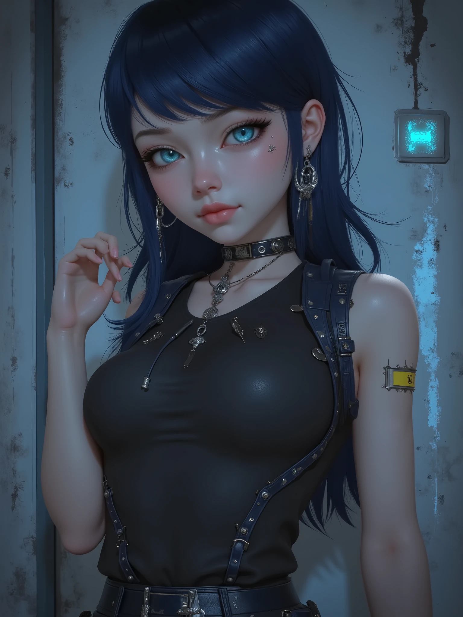 marinette Dopanchan, cyberpunk, watercolor, neon, anime, female, glowing, girl, night, A very beautiful and cute 22 year old woman with a slight smile. (((Shy smile))), sharp focus on the face, (((Western eyes:1.5))), (((Extremely detailed ice-blue eyes, beautiful eyes, beautifully detailed eyes))), (((delicately detailed thin pink lips))), (((long hair, shiny hair))), (((black medieval steampunk style sleeveless t-shirt))), (((Dark Blue medieval steampunk style leather warrior pants))), (((full body view, dynamic pose, standing:1.5, graceful pose))), (((The background is Dark Gray and painted with expressive, visible textures using dynamic brushstrokes and strokes that add depth and movement. The paint covers only the area just behind the subject. The outer edges of the image with black margins, as if the background had been painted with a brush and with expressive and visible textures using dynamic brushstrokes and strokes fading toward the edges creating a modern and artistic vignette effect))). Cinematic lighting, soft depth of field, (((masterpiece/high resolution/Best Quality/top quality/high quality/UHD/16k quality))), sharp focus, no blur, film grain, bokeh.