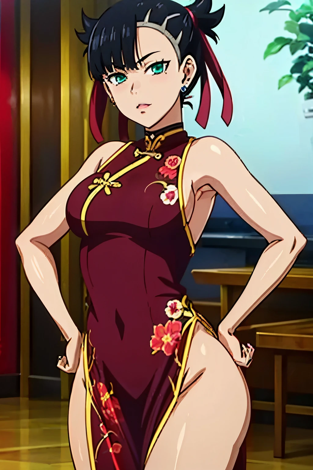 (kakegurui anime style:1.2), Marnie Pokemon, Marnie \(Pokemon\), blue-green eyes, green eyes, black hair, medium hair, asymmetrical bangs, black choker, red hair ribbon, earrings, black nail polish, medium breasted, (masterpiece, highest quality, highly detailed, 8k:1.2), Perfect eyes, detailed eyes, anime style, anime girl, digital anime art, anime style, official artwork, visual novel CG, beautiful anime girl, anime style 4K, (chinese dress with flower pattern, exposed shoulders), (sexy pose:1.2), (cowboy shot:1.2),