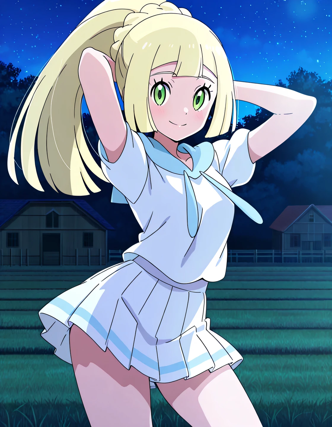 lillie (pokemon), long hair, ponytail, braid, blunt bangs, green eyes, white shirt, short sleeves, white skirt, pleated skirt, sailor collar, anime screencap, high quality, alone, farm, night sky, arms behind head, ((contrapposto)), closed mouth, full shot, looking at viewer,    smile, best quality