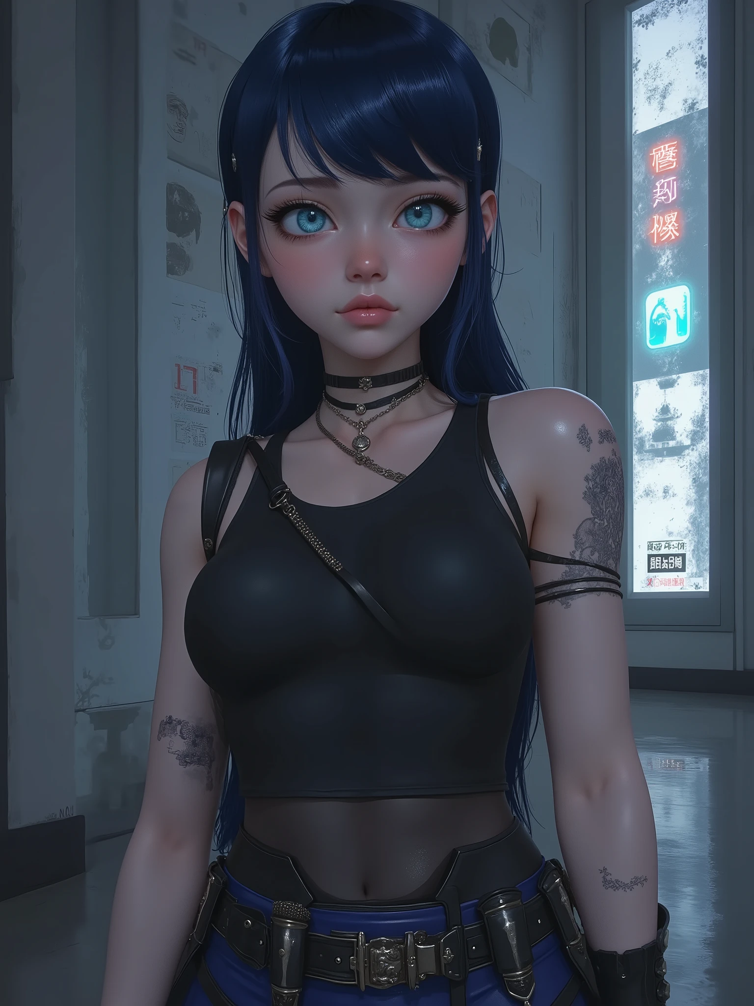 marinette Dopanchan, cyberpunk, watercolor, neon, anime, female, glowing, girl, night, A very beautiful and cute 22 year old woman with a slight smile. (((Shy smile))), sharp focus on the face, (((Western eyes:1.5))), (((Extremely detailed ice-blue eyes, beautiful eyes, beautifully detailed eyes))), (((delicately detailed thin pink lips))), (((long hair, shiny hair))), (((black medieval steampunk style sleeveless t-shirt))), (((Dark Blue medieval steampunk style leather warrior pants))), (((full body view, dynamic pose, standing:1.5, graceful pose))), (((The background is Dark Gray and painted with expressive, visible textures using dynamic brushstrokes and strokes that add depth and movement. The paint covers only the area just behind the subject. The outer edges of the image with black margins, as if the background had been painted with a brush and with expressive and visible textures using dynamic brushstrokes and strokes fading toward the edges creating a modern and artistic vignette effect))). Cinematic lighting, soft depth of field, (((masterpiece/high resolution/Best Quality/top quality/high quality/UHD/16k quality))), sharp focus, no blur, film grain, bokeh.