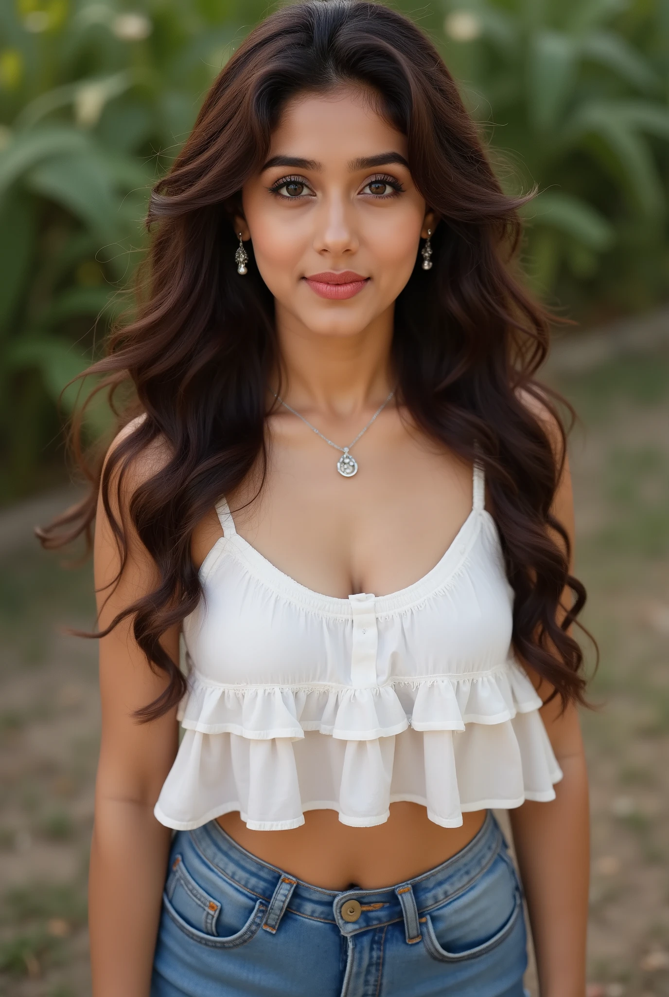 anaswarasdxl, ashk, Full body image of a 20 year old Indian girl with smiling look, fair skin tone, light grey eyes, fox eyelashes, thin eyebrows, black eye liner, silver eyeshadow, natural blush, and red lipstick. Her hairs are long, brown, wavy and stylish. She is wearing a white 3 layered ruffles crop top with spaghetti strap, denim shorts, a pendant and earrings. She is standing outdoors in a stylish pose. Photorealistic, ultra realistic, detailed skin, soft lighting, ultra-detailed textures, 8K resolution, masterpiece.