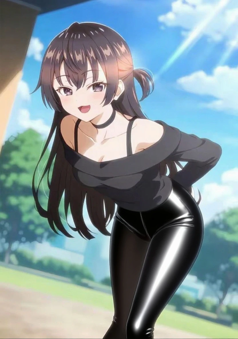 (1girl),(single),shoko Ieiri,masterpiece,best quality,high resolution,ultra detailed,brown eyes,(mole under eye: 0.8),short hair,brown hair,swept bangs,dynamic pose,body curvy, jean shot, detailed bottom, detailed eyes, , turtleneck, (black jacket: 1.4), long sleeves, (black skirt: 1.4), (short skirt: 1.3), (black pantyhose: 1.2) ,black loafers,(skirt lift:1.4),(pants over pantyhose:1.2),(blush:1.2),(embarrassment:1.4),standing,outdoor ((outdoors,garden,Japanese farm,sunny,clouds) ,lace trim panties, facing forward,((focus on breasts)),pov(from middle)perfect , perfect hands,