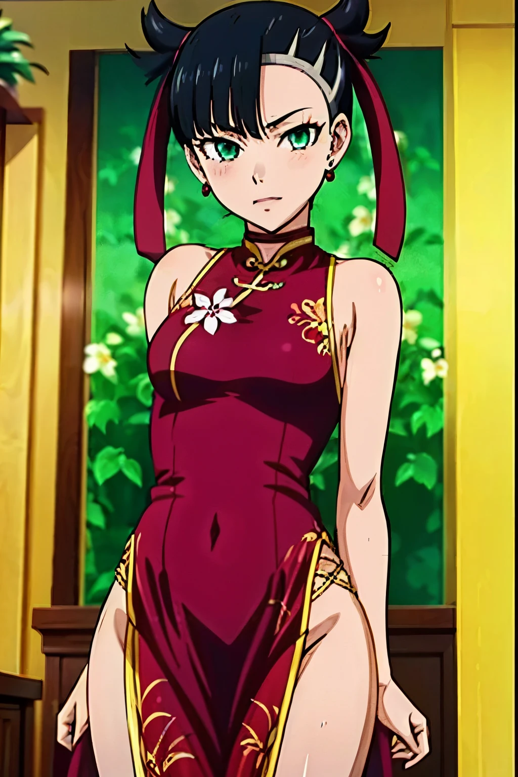 (kakegurui anime style:1.2), Marnie Pokemon, Marnie \(Pokemon\), (young face:1.3), (short:1.3), blue-green eyes, green eyes, black hair, medium hair, asymmetrical bangs, black choker, red hair ribbon, earrings, black nail polish, small breasted, (masterpiece, highest quality, highly detailed, 8k:1.2), Perfect eyes, detailed eyes, anime style, anime girl, digital anime art, anime style, official artwork, visual novel CG, beautiful anime girl, anime style 4K, (chinese dress with flower pattern, exposed shoulders), (sexy pose:1.2), (cowboy shot:1.2),