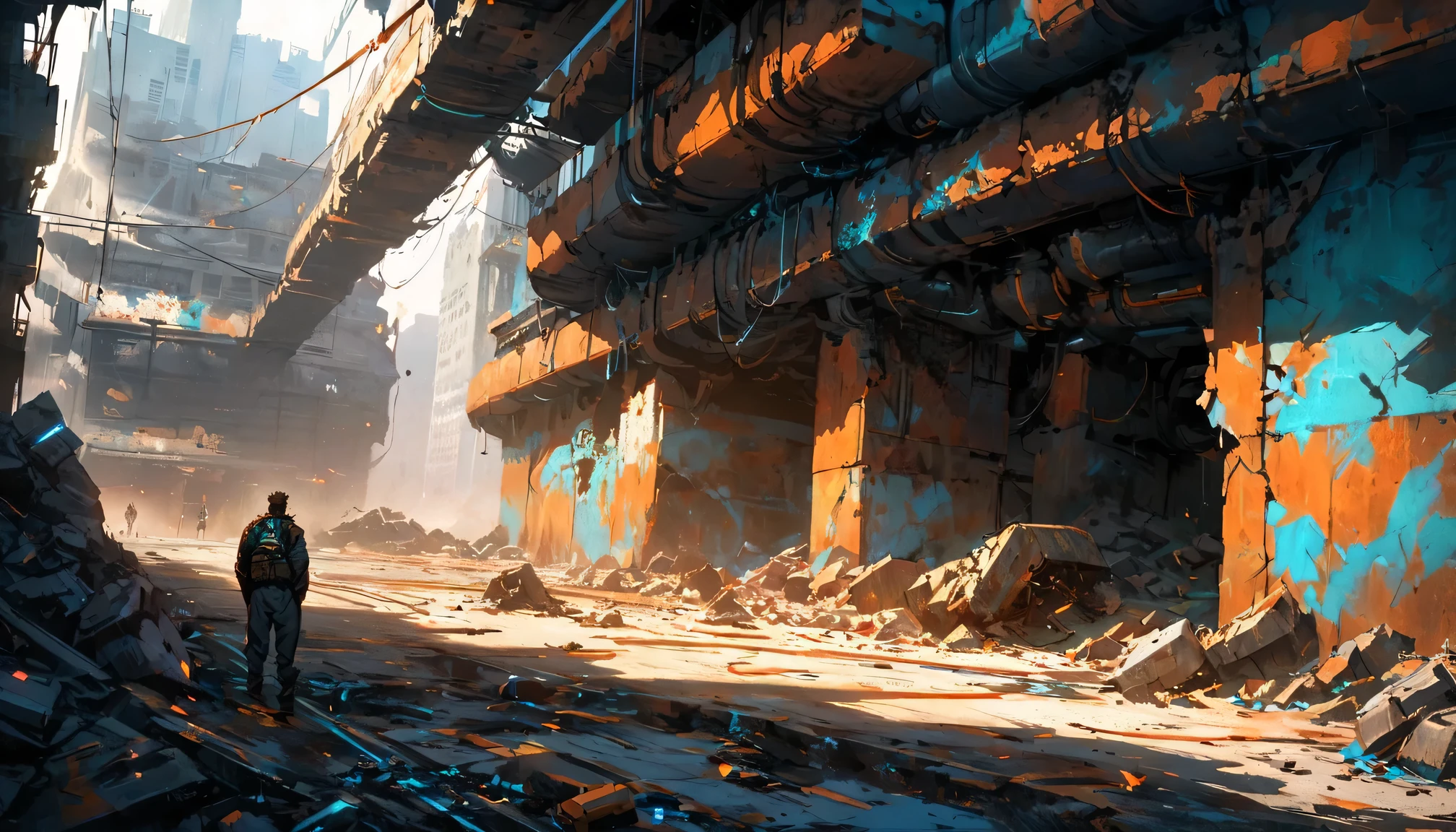Create a Cyberpunk middle-aged man with a pale face and long dark hair who walks quickly in the foreground with his head up. A chain with a pendant hangs on his chest. He has shoes on his feet. Scene: Sci-fi futuristic scene, long old damaged subway tunel with damaged vault, with lot industrial pipework, massive orange industrial pipes snake through the architecture, while debris and rubble litter the ground. Misty blue atmospheric haze fills the distant spaces between damaged high rise futuristic buildings and add dramatic lighting. Style: Painted with strong colors combined with an ink line drawing with thicker and thinner black lines. Bold color contrasts between warm oranges and cool teals create atmospheric depth. Use a deep and strong blue colors for shadows.Textured brushwork adds gritty detail to the industrial elements while maintaining a painterly quality. Atmospheric perspective, industrial decay, complementary contrast, cell shader and painted anime.