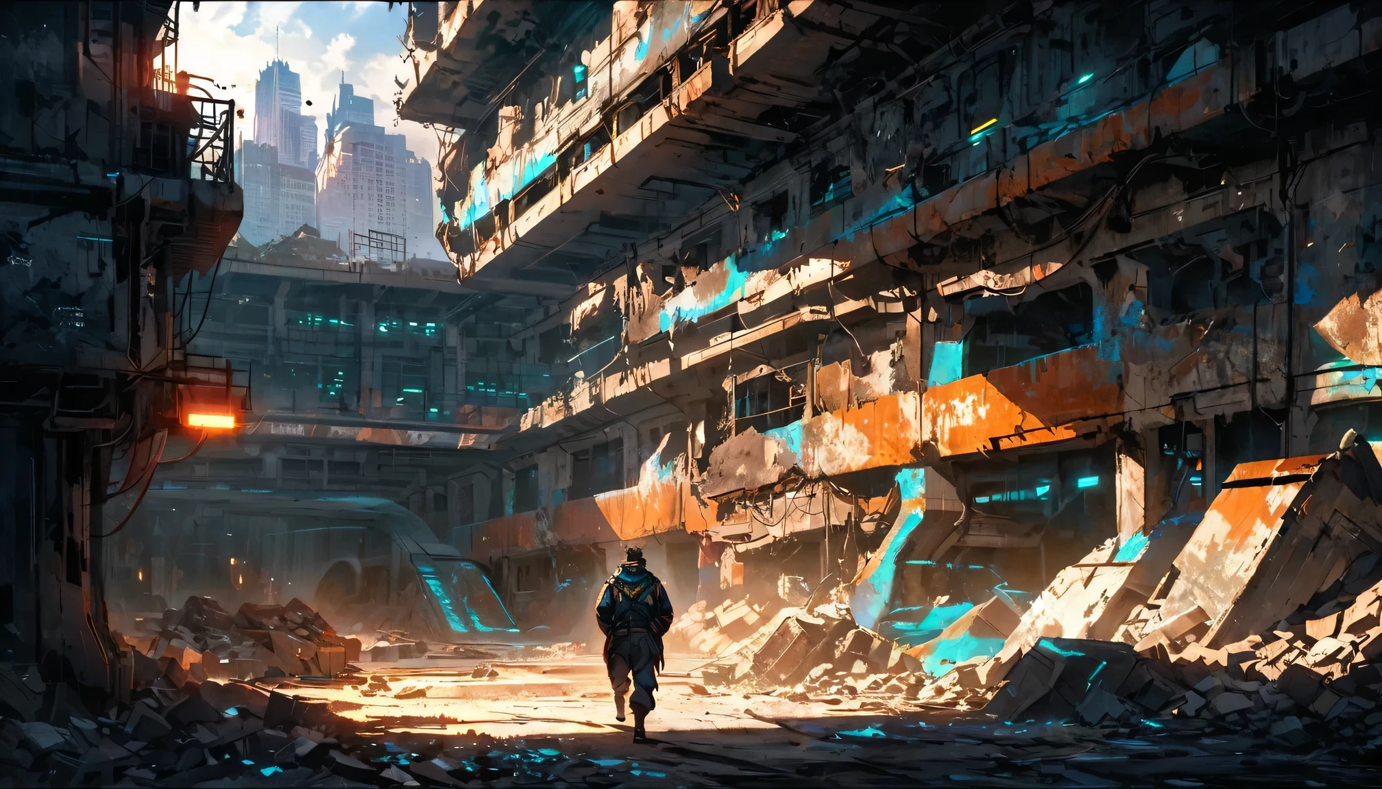 Create a Cyberpunk middle-aged man with a pale face and long dark hair who walks quickly in the foreground with his head up. A chain with a pendant hangs on his chest. He has shoes on his feet. Scene: Sci-fi futuristic scene, long old damaged subway tunel with damaged vault, with lot industrial pipework, massive orange industrial pipes snake through the architecture, while debris and rubble litter the ground. Misty blue atmospheric haze fills the distant spaces between damaged high rise futuristic buildings and add dramatic lighting. Style: Painted with strong colors combined with an ink line drawing with thicker and thinner black lines. Bold color contrasts between warm oranges and cool teals create atmospheric depth. Use a deep and strong blue colors for shadows.Textured brushwork adds gritty detail to the industrial elements while maintaining a painterly quality. Atmospheric perspective, industrial decay, complementary contrast, cell shader and painted anime.