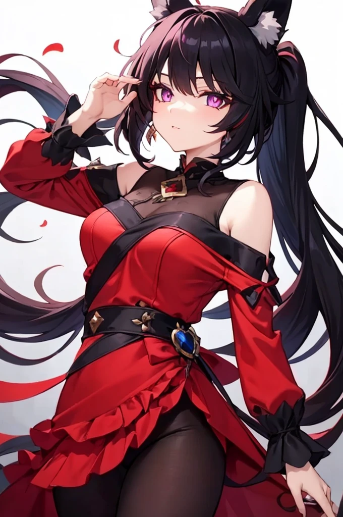 1woman, elven ears, darkness god, fire black hair, straight hairstyle, glowing red eyes, black roses field, fire bird, warrior, elegant thai dress,