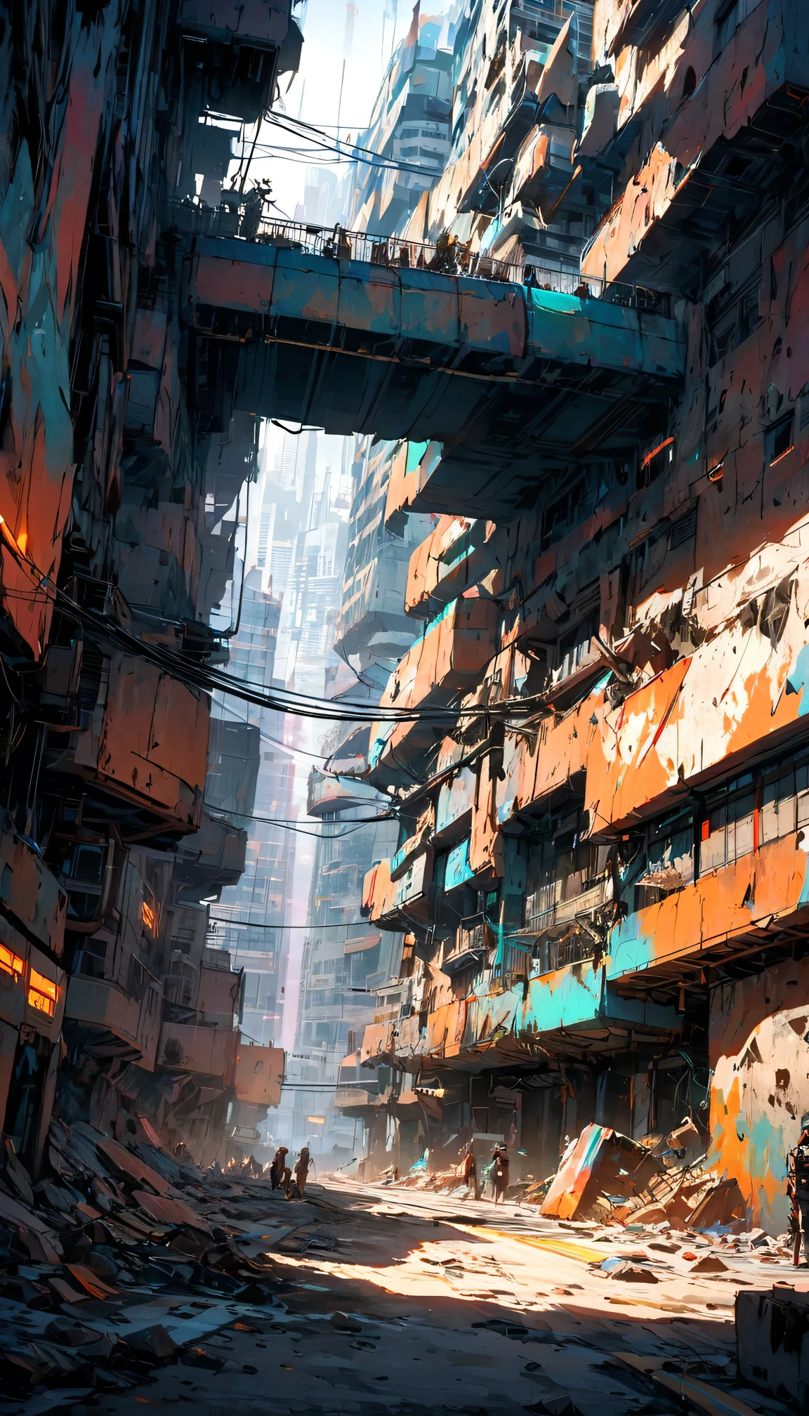 Create a sci-fi cyberpunk scene with a huge and tall damaged building on the circular square in the middle of the streets of a futuristic cyberpunk city, and with lot industrial pipework, painted with strong colors combined with an ink line drawing with thicker and thinner black lines. Massive orange industrial pipes snake through the architecture and spread throughout the city, while debris and rubble litter the ground. Pale yellow rays of sunlight filter through the buildings and illuminate the scene. Misty blue atmospheric haze fills the distant spaces between among the many damaged high rise skyscrapers. Several cyberpunk people are walking in all directions on the street. Several futuristic concept hovercraft are parked on the street. About a dozen different hovercraft fly above the buildings. Style: Bold multicolored contrasts between warm oranges and cool teals create atmospheric depth. Use a deep and strong blue colors for shadows. Textured brushwork adds gritty detail to the industrial elements while maintaining a painterly quality. Atmospheric perspective, industrial decay, complementary contrast, cell shader and painted anime