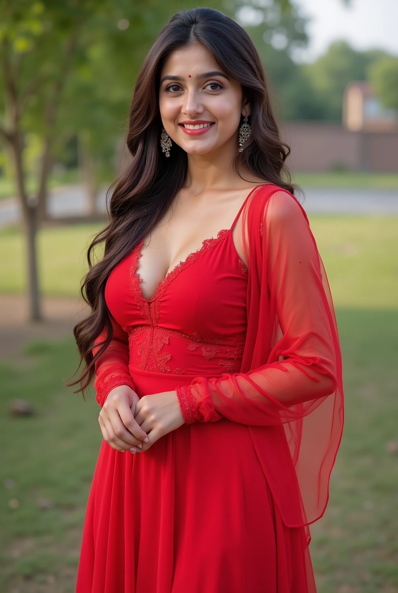 anaswarasdxl, ashk, Full body image of a 20 year old Indian girl with smiling look, fair skin tone, light grey eyes, fox eyelashes, thin eyebrows, black eye liner, silver eyeshadow, natural blush, and red lipstick. Her hairs are long, brown, wavy and stylish. She is wearing a red sheer dress with full sleeves, and earrings. She is standing outdoors in a stylish pose. Photorealistic, ultra realistic, detailed skin, soft lighting, ultra-detailed textures, 8K resolution, masterpiece.