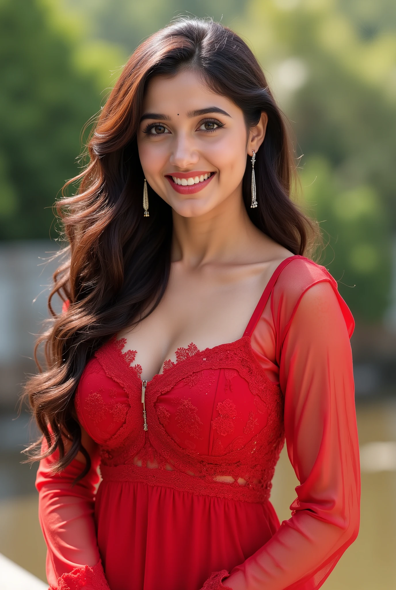 anaswarasdxl, ashk, Full body image of a 20 year old Indian girl with smiling look, fair skin tone, light grey eyes, fox eyelashes, thin eyebrows, black eye liner, silver eyeshadow, natural blush, and red lipstick. Her hairs are long, brown, wavy and stylish. She is wearing a red sheer dress with full sleeves, and earrings. She is standing outdoors in a stylish pose. Photorealistic, ultra realistic, detailed skin, soft lighting, ultra-detailed textures, 8K resolution, masterpiece.