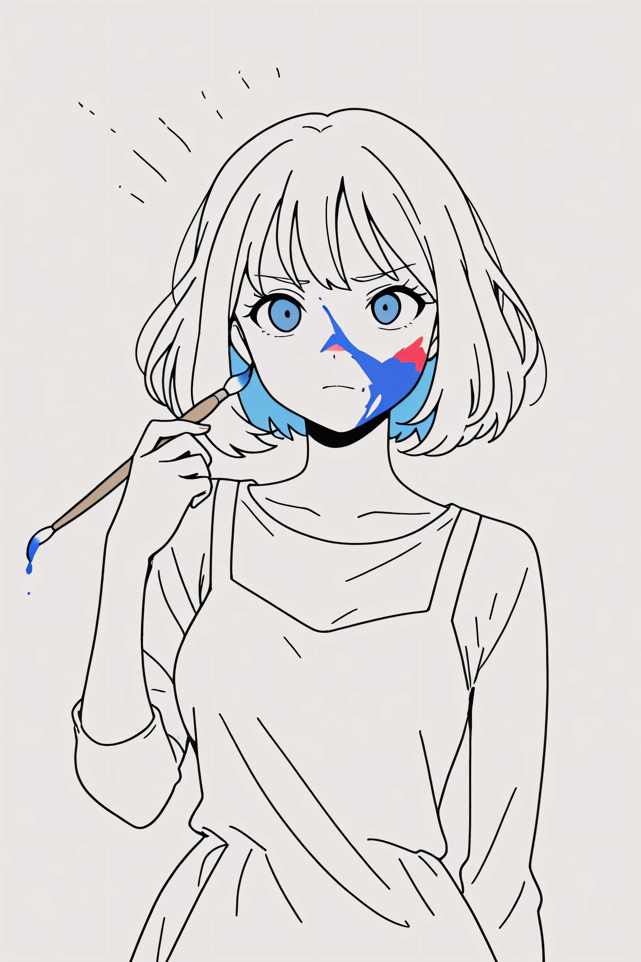 1 girl, anime, simple coloring, clear lines, pose/ paints herself with a brush, paints her face with a paint brush, png, no color, just a line, sharp rough line