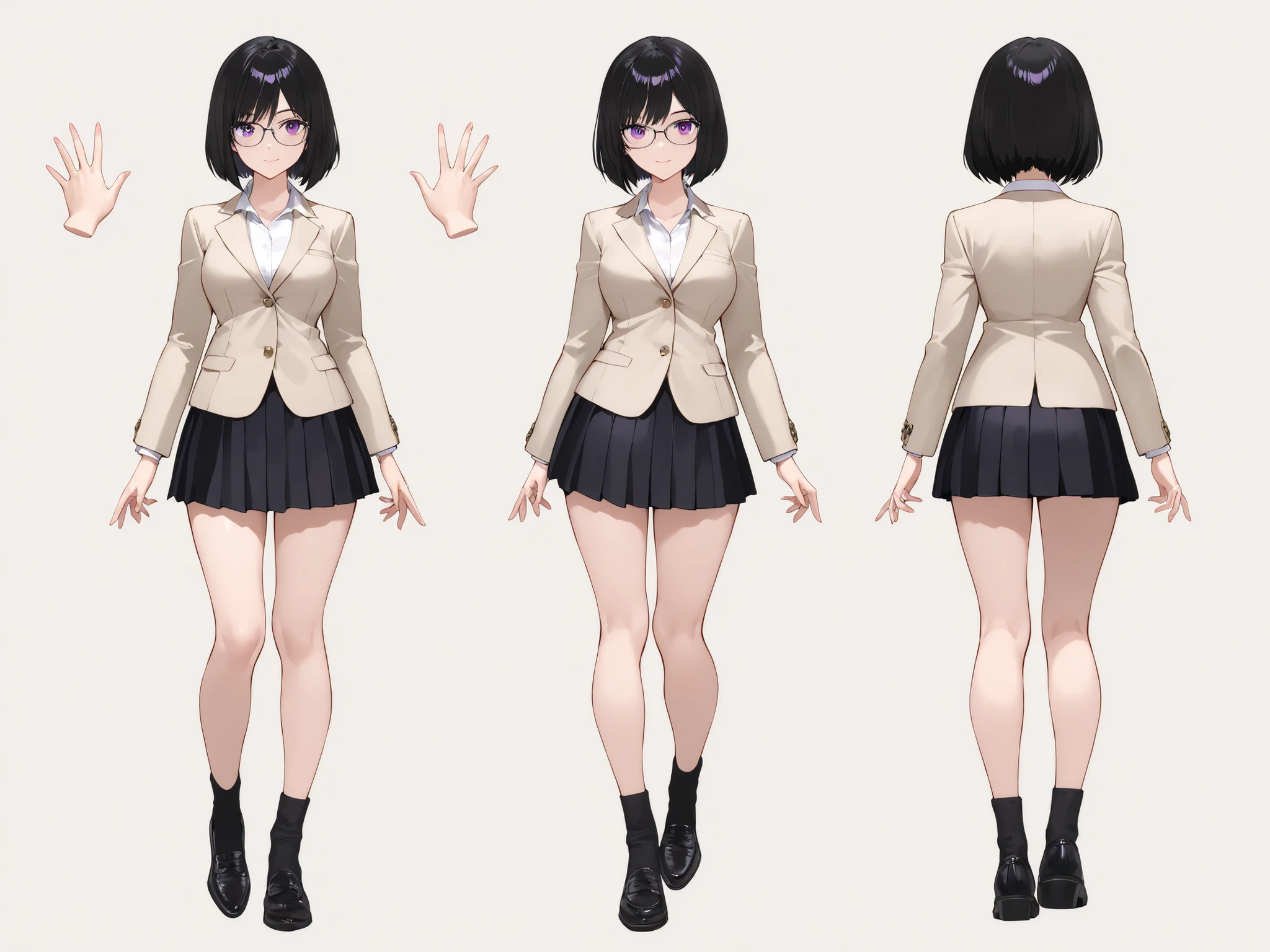 model sheet, masterpiece, best quality, high resolution, front view, side view, back view, multiple views, reference sheet, full body, standard breasts, medium breasts, 1girl, 24 years old, 172cm tall, adorable and attractive woman, beautiful detailed eyes, slender yet athletic build, (jet black hair, short hair, bob hair, tareme, purple eyes, bangs), beige formal jacket, glasses, white collared shirt, black pleated skirt, matching black shoes, (ideal hands, ideal anatomy), complete body costume design, (full shot, character focus, 1.2), (perfect composition, 1.4).