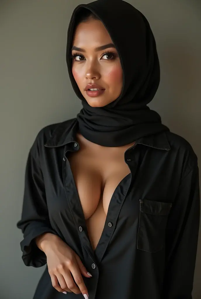 RAW, Best quality, high resolution, masterpiece: 1.3), Beautiful indinesian woman in hijab (iu:0.8),looking at viewert，Tight sweater，skintight jeans，photore, realisticlying, Best quality at best，big breast，Detailed eyes，Sitting on the mossy ground in a bamboo forest， diffuselighting, depth of fields