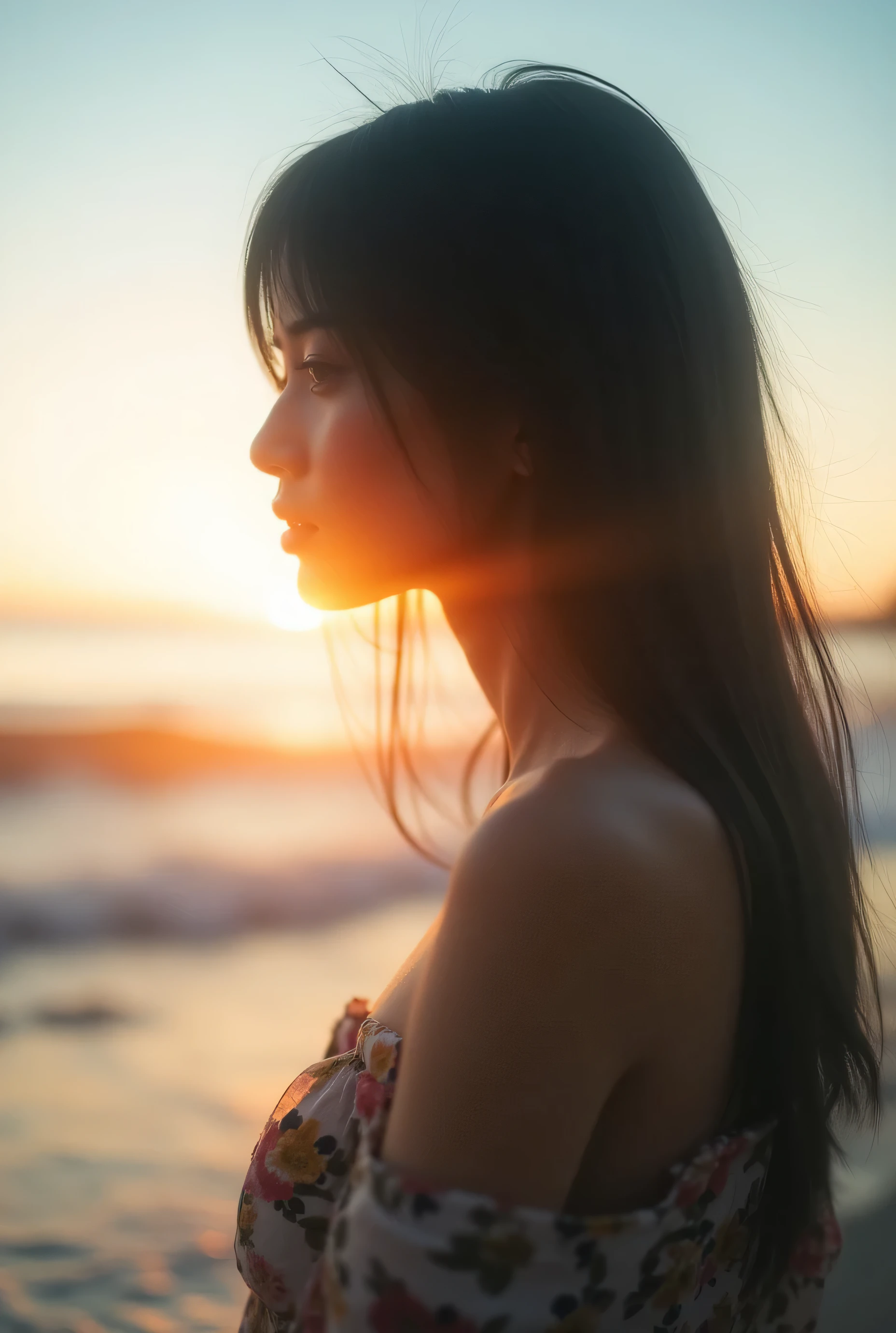 high quality, 8K ultra HD, Una hermosa double exposure que combina una silueta de diosa con la costa al atardecer, The coast at dusk should serve as a backdrop, is used as a background, and, The sharp lines of, The background is black and white, Clear Focus, double exposure, by yukisakura, amazing full color