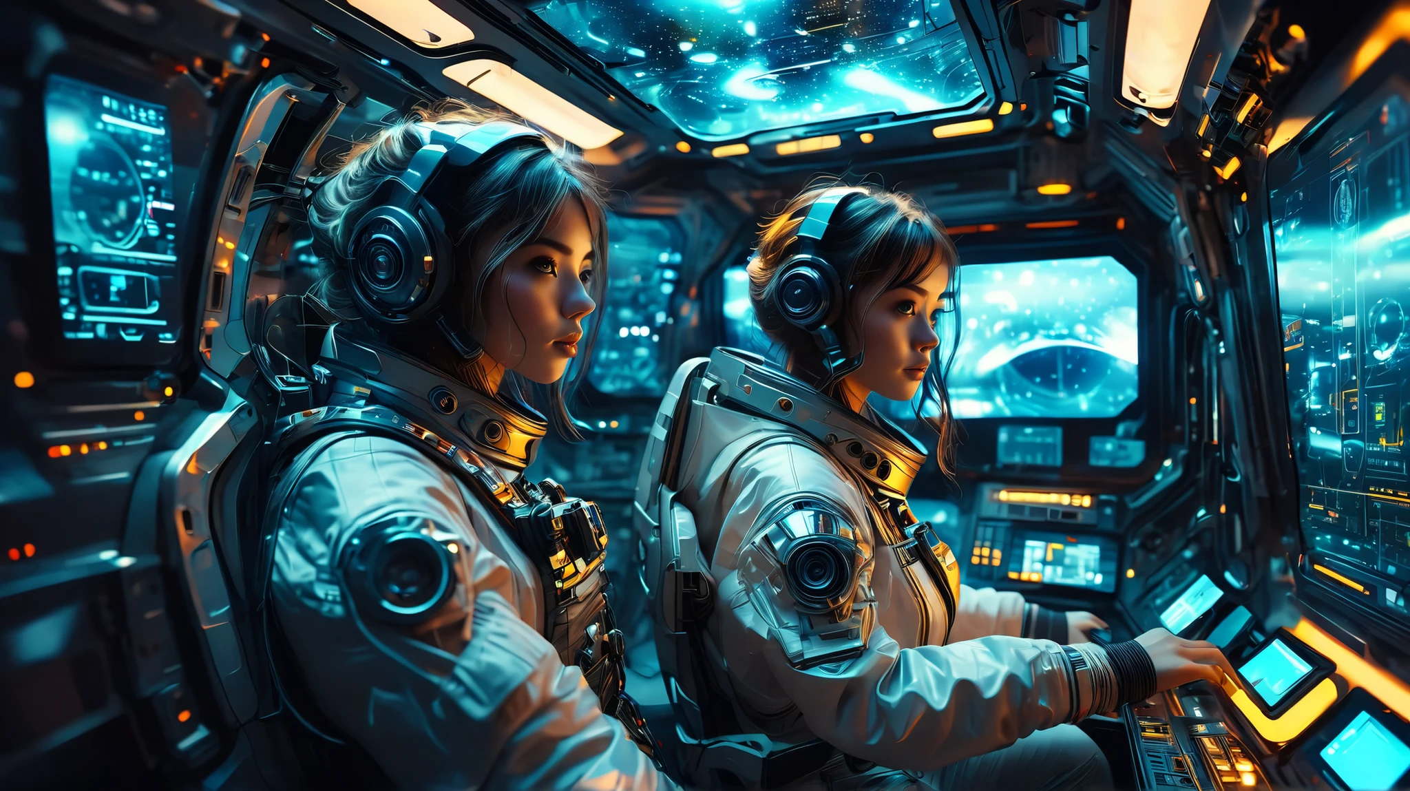  A futuristic astronaut inside a spaceship,  glow animation and t , high-tech interior,  metal and glass material ,  atmospheric lighting , dramatic cinematic composition ,  complex parts, realistic,  conceptual art style 