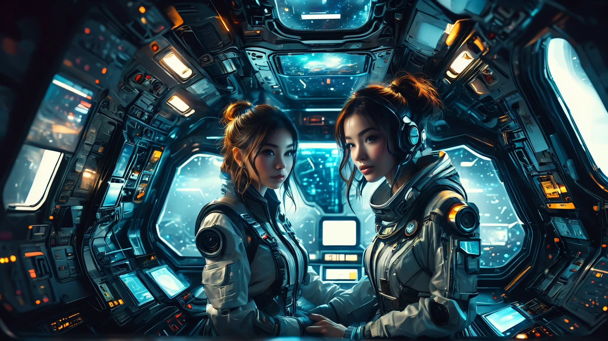  Futuristic astronaut inside a spaceship,  glow animation and t , high-tech interior,  metal and glass material ,  atmospheric lighting , dramatic cinematic composition ,  complex parts, realistic,  conceptual art style 