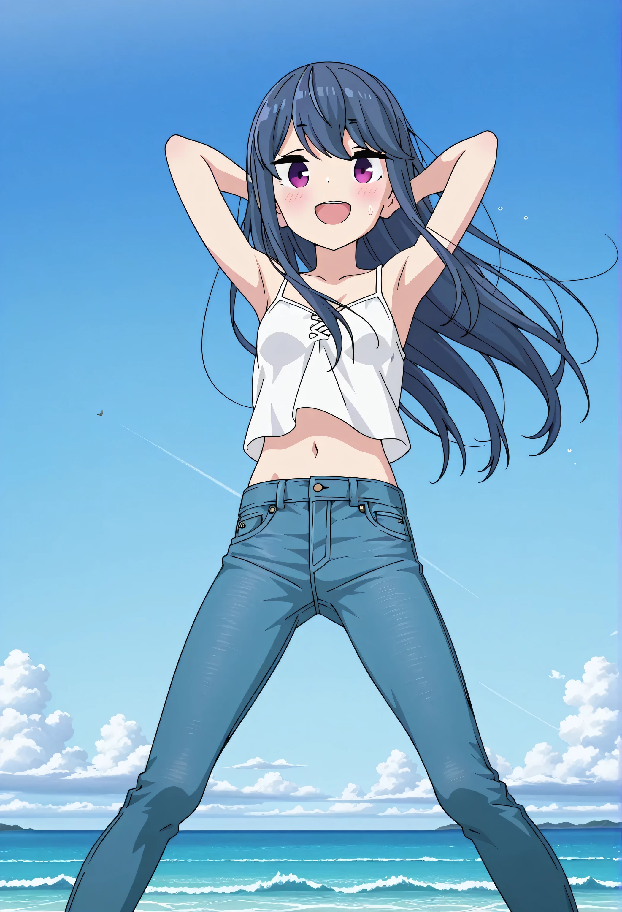 score_9, score_8_up, score_7_up, source_anime, highres, hi res, ((best quality, top quality, perfect quality, Highest Quality, amazing quality)), {{masterpiece}}, {{an extremely delicate and beautiful}}, 2d, intricate details, official style, anime, 8k, anime style, official_anime, official art, digital painting, cell shading, soft shading, high resolution, soothing tones, Subdued Color, Soft cinematic light, adobe lightroom, photolab, HDR, intricately and hyper-detailed, ((high quality animation)), 1 girl, Alone, solo, ((ocean)), tsunami, on the water, day, outdoors, sky, windy, rin shima, blue hair, purple eyes, sidelocks, long hair, small breasts, white camisole top, crop top, white crop top, best quality, hyper-detailed jeans, ((blue jeans:1.9)), (dark blue jeans:0.6), full medium body, medium shot, Open mouth, smiling, happy face, blush, sweat, standing, arms behind head, bowlegged, jumping pose, action, looking at viewer, spread legs, Bend knees slightly, straight-on front view
