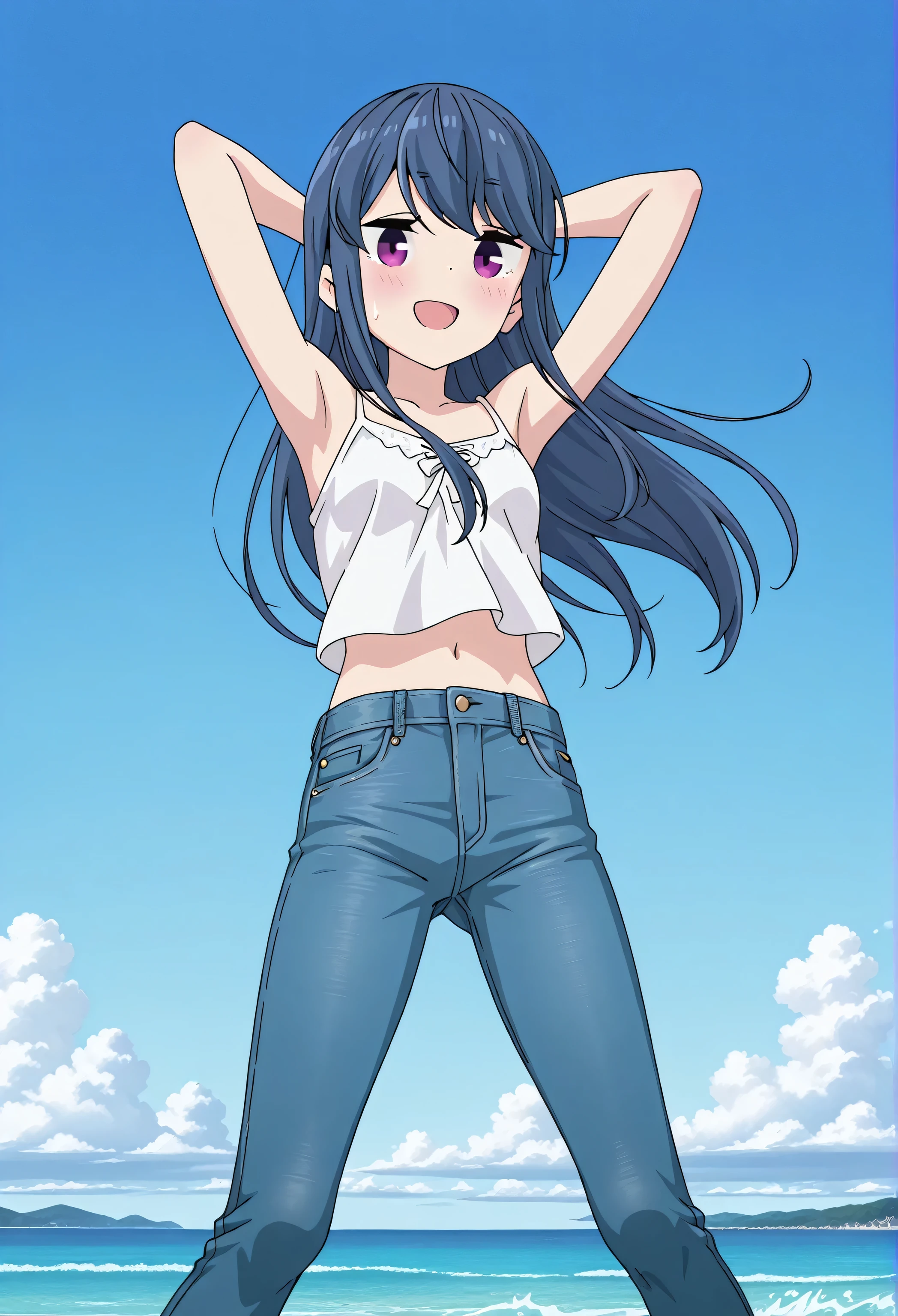 score_9, score_8_up, score_7_up, source_anime, highres, hi res, ((best quality, top quality, perfect quality, Highest Quality, amazing quality)), {{masterpiece}}, {{an extremely delicate and beautiful}}, 2d, intricate details, official style, anime, 8k, anime style, official_anime, official art, digital painting, cell shading, soft shading, high resolution, soothing tones, Subdued Color, Soft cinematic light, adobe lightroom, photolab, HDR, intricately and hyper-detailed, ((high quality animation)), 1 girl, Alone, solo, ((ocean)), tsunami, on the water, day, outdoors, sky, windy, rin shima, blue hair, purple eyes, sidelocks, long hair, small breasts, white camisole top, crop top, white crop top, best quality, hyper-detailed jeans, ((blue jeans:1.9)), (dark blue jeans:0.6), full medium body, medium shot, Open mouth, smiling, happy face, blush, sweat, standing, arms behind head, bowlegged, jumping pose, action, looking at viewer, spread legs, Bend knees slightly, straight-on front view