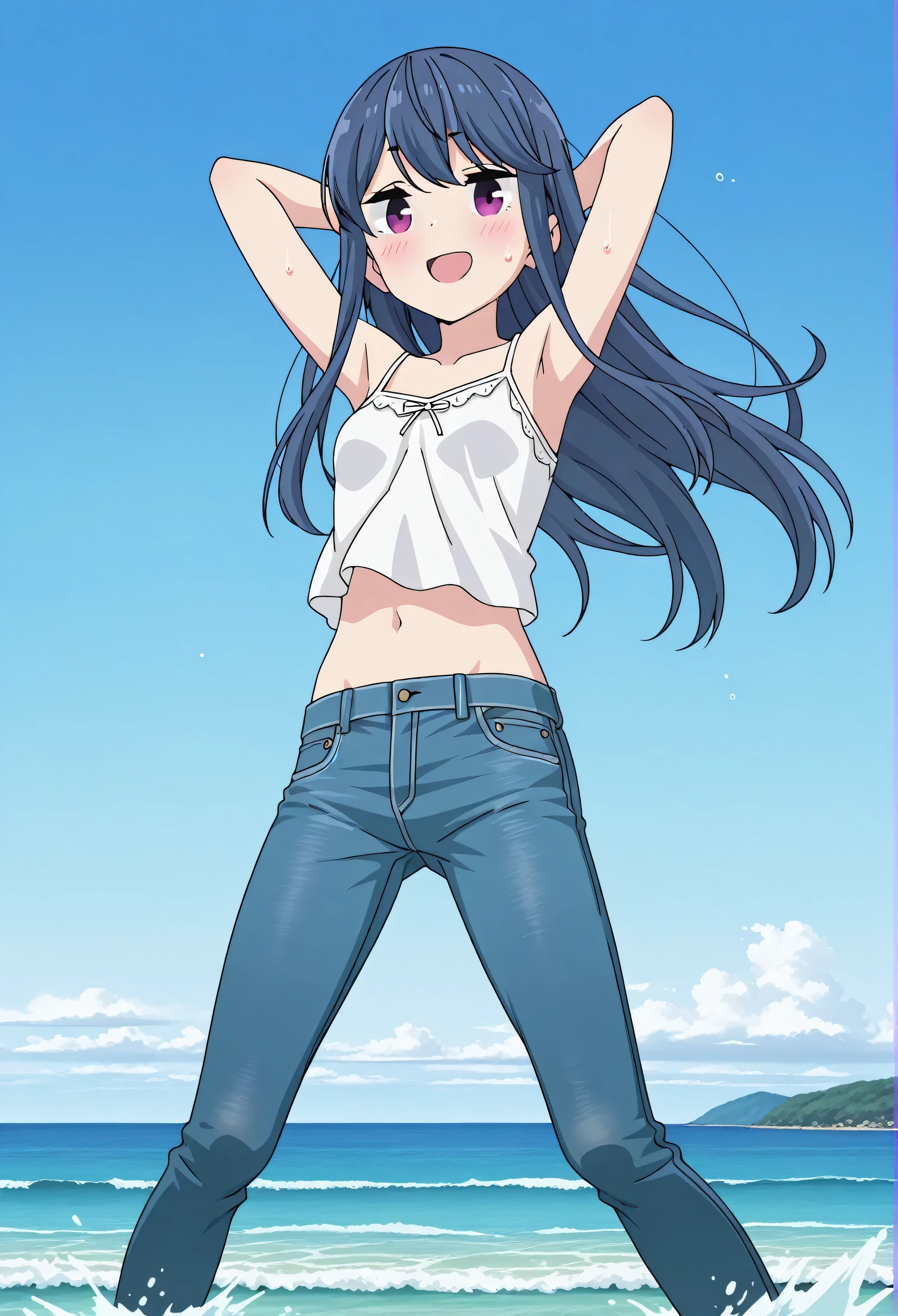 score_9, score_8_up, score_7_up, source_anime, highres, hi res, ((best quality, top quality, perfect quality, Highest Quality, amazing quality)), {{masterpiece}}, {{an extremely delicate and beautiful}}, 2d, intricate details, official style, anime, 8k, anime style, official_anime, official art, digital painting, cell shading, soft shading, high resolution, soothing tones, Subdued Color, Soft cinematic light, adobe lightroom, photolab, HDR, intricately and hyper-detailed, ((high quality animation)), 1 girl, Alone, solo, ((ocean)), tsunami, on the water, day, outdoors, sky, windy, rin shima, blue hair, purple eyes, sidelocks, long hair, small breasts, white camisole top, crop top, white crop top, best quality, hyper-detailed jeans, ((blue jeans:1.9)), (dark blue jeans:0.6), full medium body, medium shot, Open mouth, smiling, happy face, blush, sweat, standing, arms behind head, bowlegged, jumping pose, action, looking at viewer, spread legs, Bend knees slightly, straight-on front view
