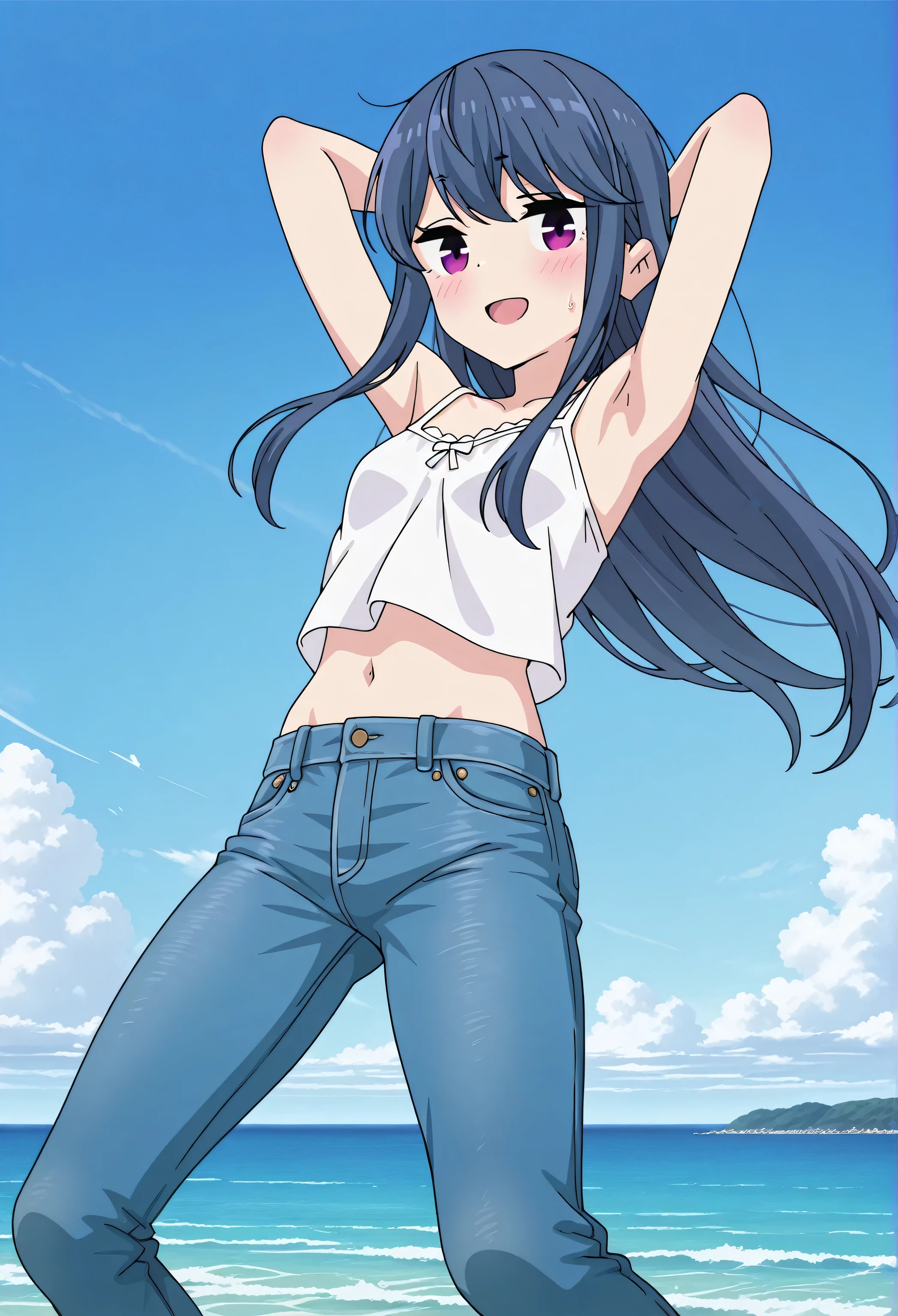 score_9, score_8_up, score_7_up, source_anime, highres, hi res, ((best quality, top quality, perfect quality, Highest Quality, amazing quality)), {{masterpiece}}, {{an extremely delicate and beautiful}}, 2d, intricate details, official style, anime, 8k, anime style, official_anime, official art, digital painting, cell shading, soft shading, high resolution, soothing tones, Subdued Color, Soft cinematic light, adobe lightroom, photolab, HDR, intricately and hyper-detailed, ((high quality animation)), 1 girl, Alone, solo, ((ocean)), tsunami, on the water, day, outdoors, sky, windy, rin shima, blue hair, purple eyes, sidelocks, long hair, small breasts, white camisole top, crop top, white crop top, best quality, hyper-detailed jeans, ((blue jeans:1.9)), (dark blue jeans:0.6), full medium body, medium shot, Open mouth, smiling, happy face, blush, sweat, standing, arms behind head, bowlegged, jumping pose, action, looking at viewer, spread legs, Bend knees slightly, straight-on front view
