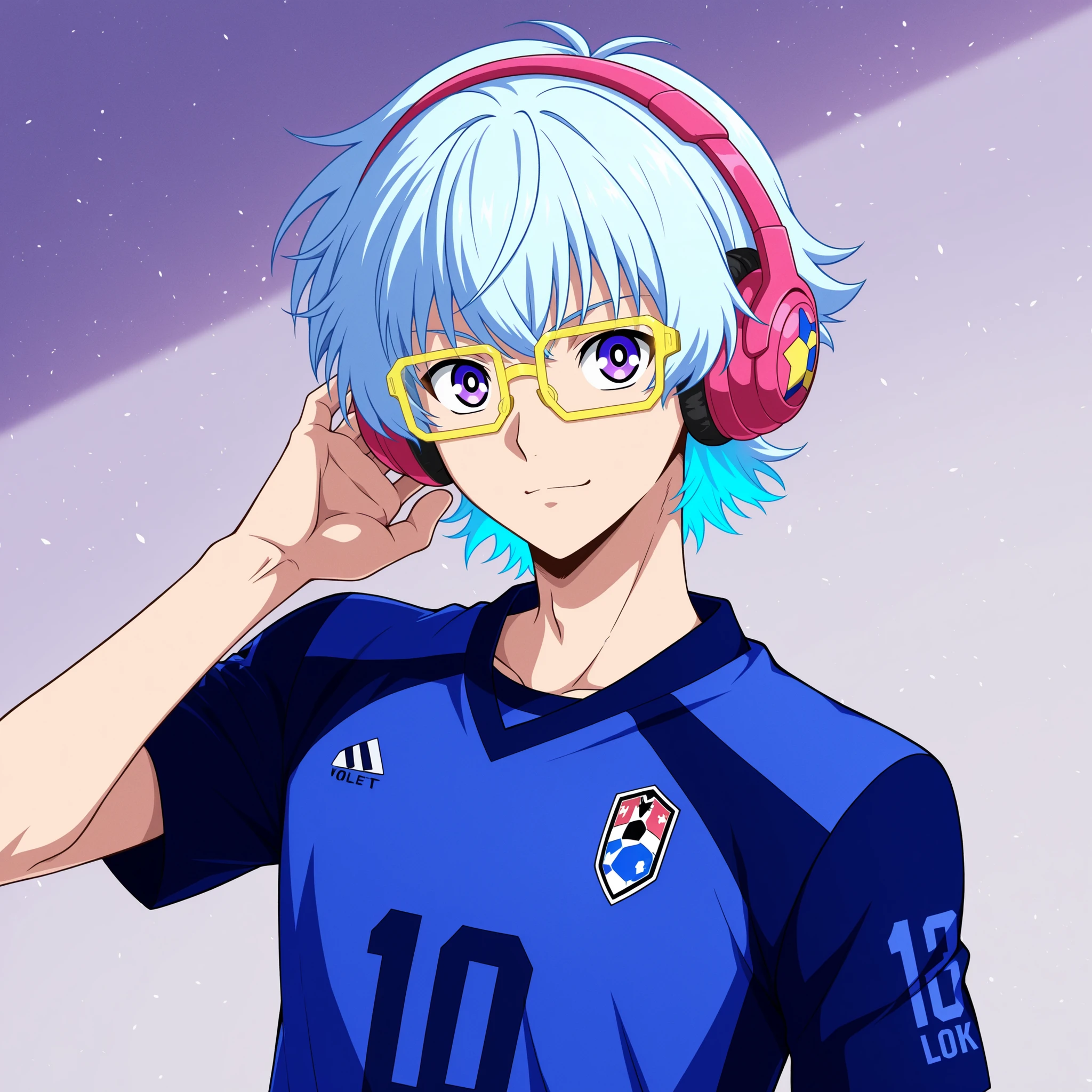 alone, anime boy, blue lock style, spiky light blue hair, violet eyes, yellow frame glasses, big pink headphones, soccer uniform, confident expression, detailed shading, dynamic anime illustration