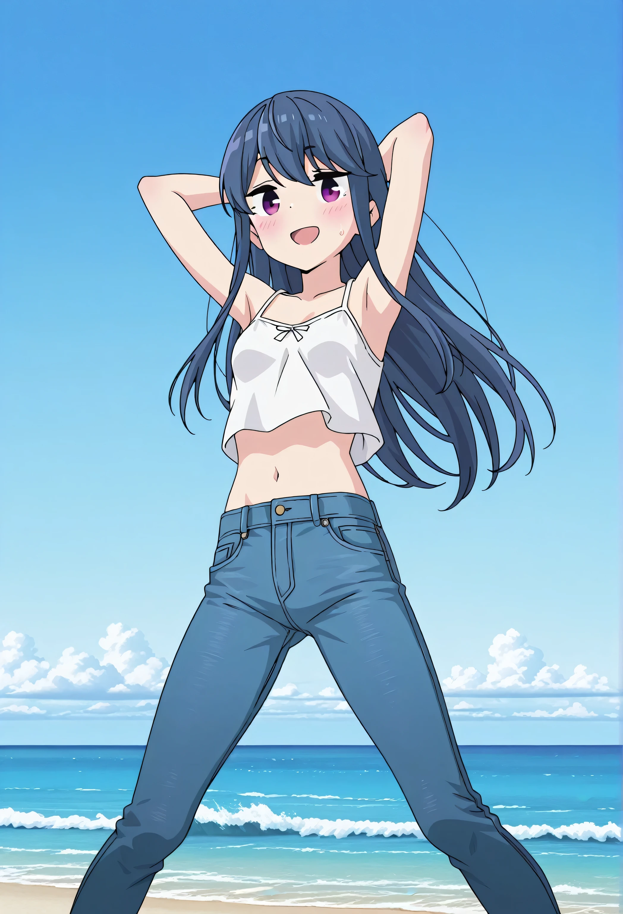 score_9, score_8_up, score_7_up, source_anime, highres, hi res, ((best quality, top quality, perfect quality, Highest Quality, amazing quality)), {{masterpiece}}, {{an extremely delicate and beautiful}}, 2d, intricate details, official style, anime, 8k, anime style, official_anime, official art, digital painting, cell shading, soft shading, high resolution, soothing tones, Subdued Color, Soft cinematic light, adobe lightroom, photolab, HDR, intricately and hyper-detailed, ((high quality animation)), 1 girl, Alone, solo, ((ocean)), tsunami, on the water, day, outdoors, sky, windy, rin shima, blue hair, purple eyes, sidelocks, long hair, small breasts, white camisole top, crop top, white crop top, best quality, hyper-detailed jeans, ((blue jeans:1.9)), (dark blue jeans:0.6), full medium body, medium shot, Open mouth, smiling, happy face, blush, sweat, standing, arms behind head, bowlegged, jumping pose, action, looking at viewer, spread legs, Bend knees slightly, straight-on front view