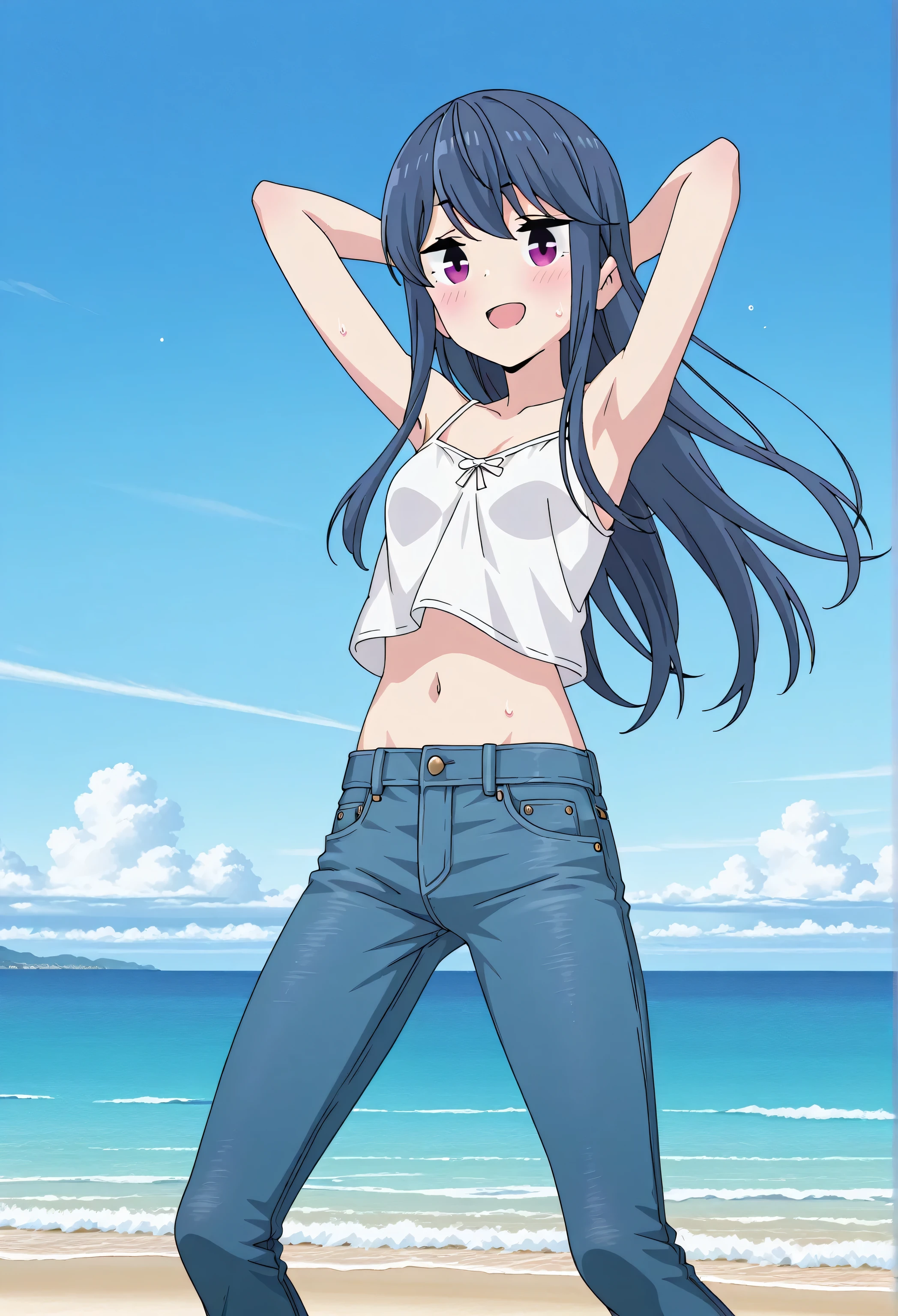 score_9, score_8_up, score_7_up, source_anime, highres, hi res, ((best quality, top quality, perfect quality, Highest Quality, amazing quality)), {{masterpiece}}, {{an extremely delicate and beautiful}}, 2d, intricate details, official style, anime, 8k, anime style, official_anime, official art, digital painting, cell shading, soft shading, high resolution, soothing tones, Subdued Color, Soft cinematic light, adobe lightroom, photolab, HDR, intricately and hyper-detailed, ((high quality animation)), 1 girl, Alone, solo, ((ocean)), tsunami, on the water, day, outdoors, sky, windy, rin shima, blue hair, purple eyes, sidelocks, long hair, small breasts, white camisole top, crop top, white crop top, best quality, hyper-detailed jeans, ((blue jeans:1.9)), (dark blue jeans:0.6), full medium body, medium shot, Open mouth, smiling, happy face, blush, sweat, standing, arms behind head, bowlegged, jumping pose, action, looking at viewer, spread legs, Bend knees slightly, straight-on front view