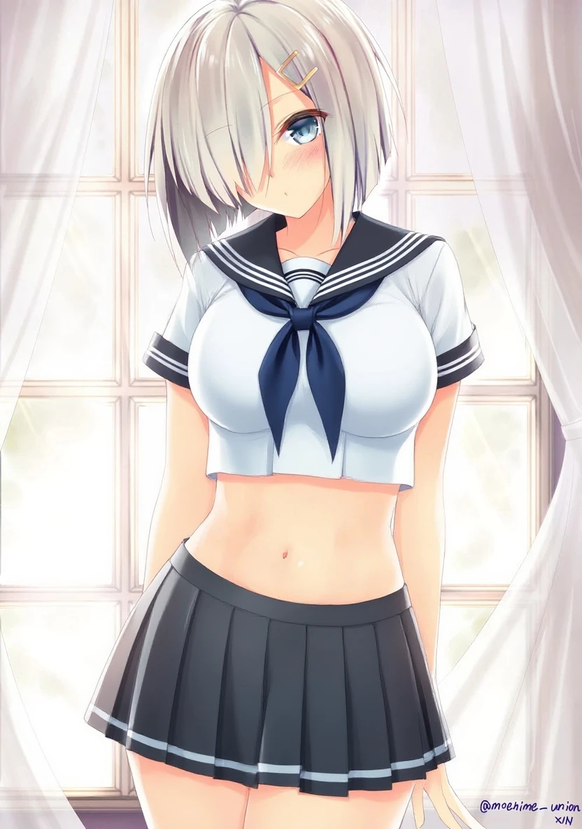 all intricate details, cientificamente: perfect body, girl 1, (masterpiece, best quality:1.2), illustration, solo, 1girl view, short hair, white hair, green eyes, short green blazer, black miniskirt, detailed background, looking at viewer, hair ornaments, indoors, sexy pose, front angle, open clothes, +18, uncensored