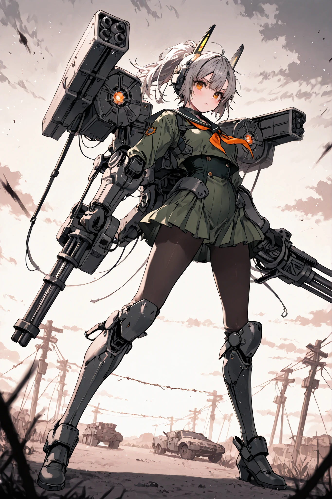 missile pod,holding gatling gun,masterpiece,Highest Quality,Super Detailed,high resolution,slender,high quality、headgear、機械的な部品score_9、score_8_up、score_7_up、masterpiece、high quality、Super Detailed、high resolution、high quality、Highest Quality、clothes、dynamic angle、dynamic pose、masterpiece、Girl Wearing Reinforced Exoskeleton、solo girl （  バイザー付きheadgear、grey hair、Ponytail Tied to One Side、 ragged uniform（sailor suit next to the eye）、black pantyhose、Reinforced Exoskeleton、big eyes、Serious Expression、) masterpiece、Highest Quality、超high resolution、Realistic、end of the world、Closed High School、School Became Military Base、The campus is surrounded by barbed wire、armored vehicles and military trucks lined up、Desolate Scenery、cloudy sky、dark atmosphere、cinematic lighting、more information、 A scene from the movie 、8K quality、deep depth of field in flo、Expressing the Determination of Survivors、 Apocalyptic Worldview 、Survival Horror