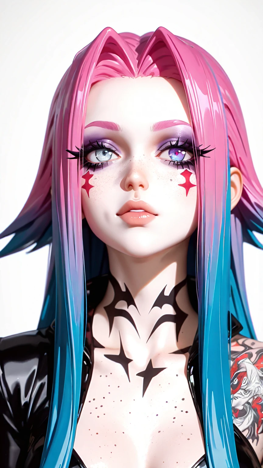 (Masterpiece), maximum quality, ultra detailed, graffiti art, oil painting, extremely delicate technique, with (1 girl with multicolored hair), white clothes, black details, (blue eyes), urban background, dynamic perspective, street decoration, multiple layers of paint. --auto --s2