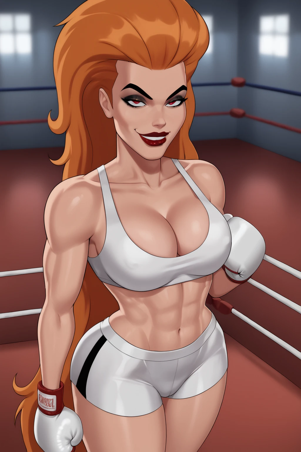 BREAK, score_6_up, score_9, score_8, score_7, 1girl, solo, Volcana, dcaustyle, red lips, lipstick, makeup, very long hair, orange hair, red eyes, black pupils, very , cleavage, curvy, athletic, looking at viewer, seducing viewer, teasing viewer, smile, closed mouth, expression, bedroom eyes, busty, white top, white workout shorts, white boxing gloves, indoors, boxing ring, standing, portrait, upper body, closeup, high-angle view, black eyeshadow, black mascara, thick thighs, wide