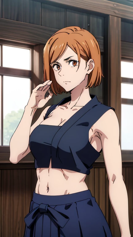 (masterpiece), (best quality), (ultra-detailed), (best illustration), (best shadow), (absurdres), nobarakugisakinova, short hair, orange hair, ((brown eyes)), kugisaki nobara, 1girl, solo, bangs, looking at viewer, upper body, ((strapless blue dress)), (()), ballroom background, perfect body, ((perfect )), Hourglass body, thin waist, very thin waist, large , , (skinny), shoulders, collarbone, smile, ( neck),